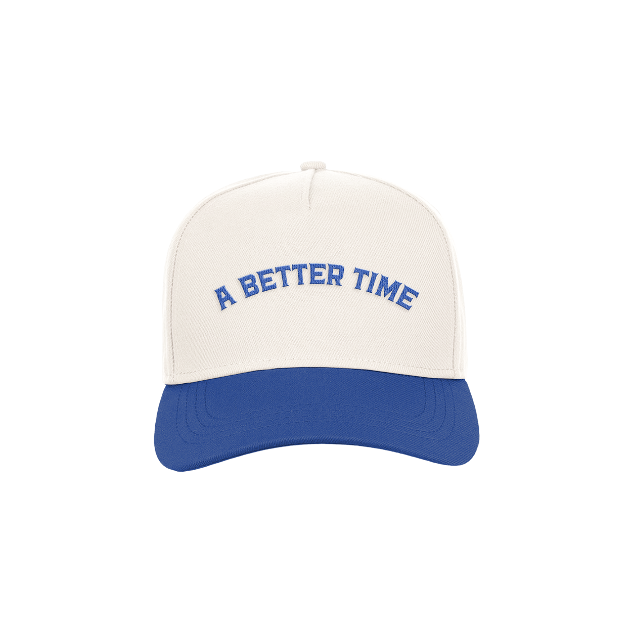 A Better Time cap with blue brim and white front panel featuring embroidered blue text from ALP Nicotine pouches