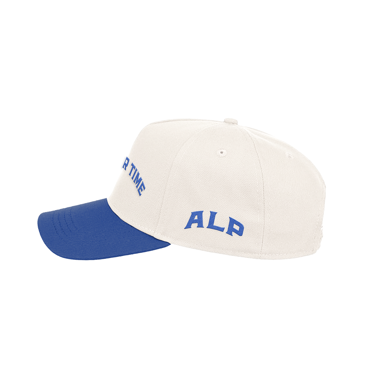 A Better Time cap with blue brim and white front panel featuring embroidered blue text from ALP Nicotine pouches