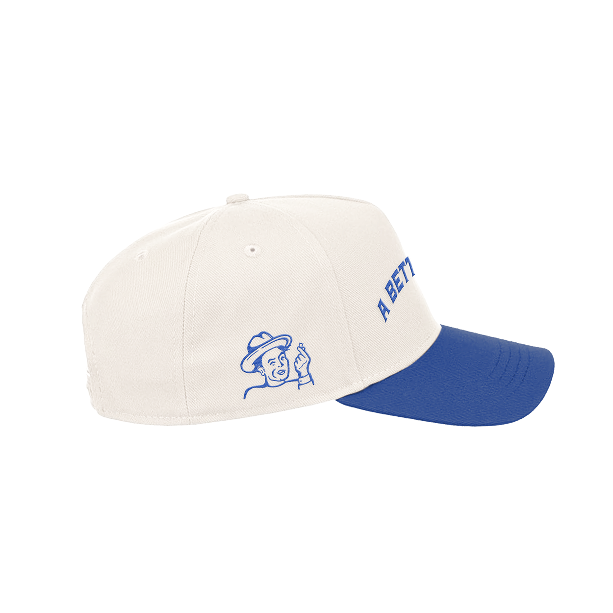 A Better Time cap with blue brim and white front panel featuring embroidered blue text from ALP Nicotine pouches