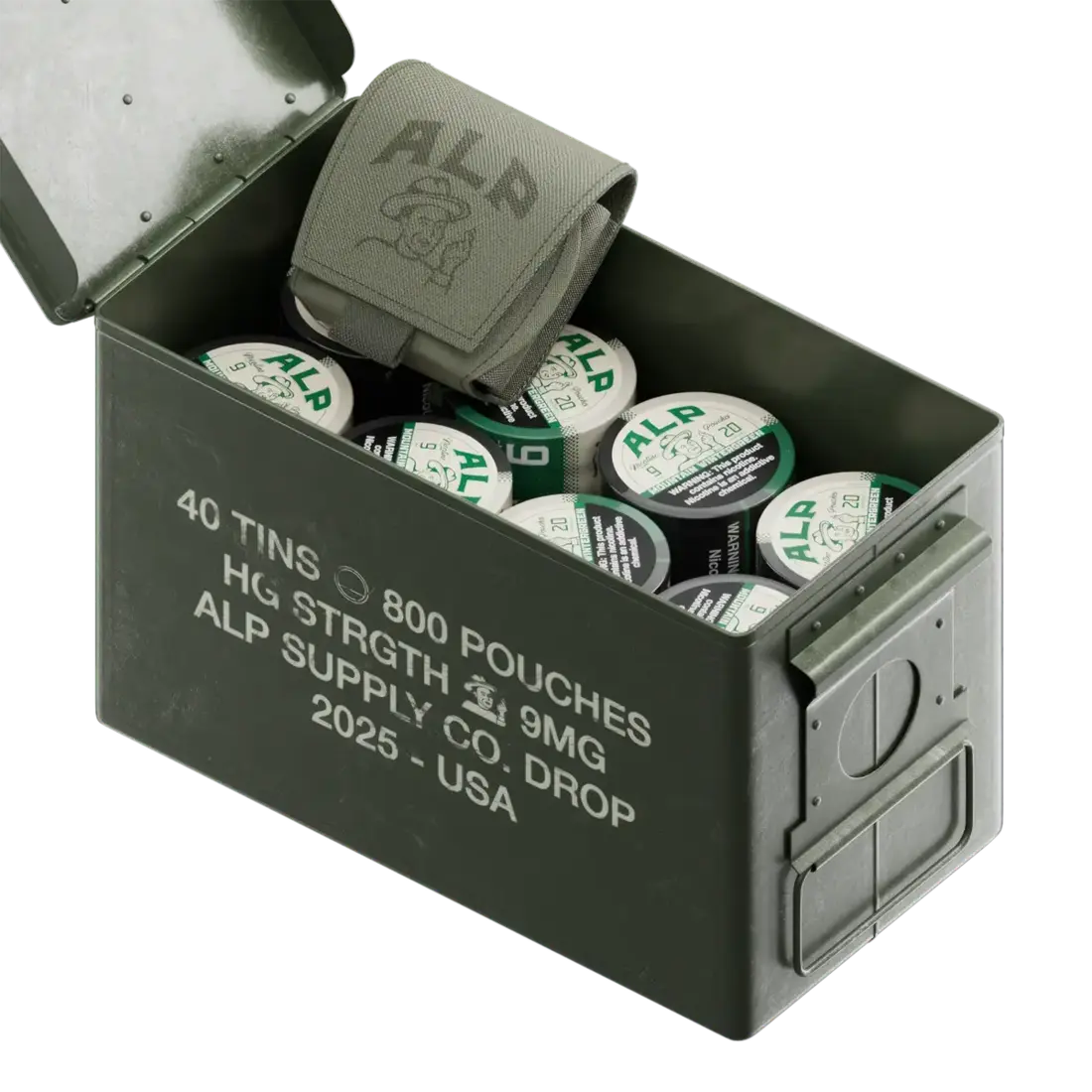 Wintergreen nicotine pouches stored in a military-style green ammo box labeled with quantity and strength details.