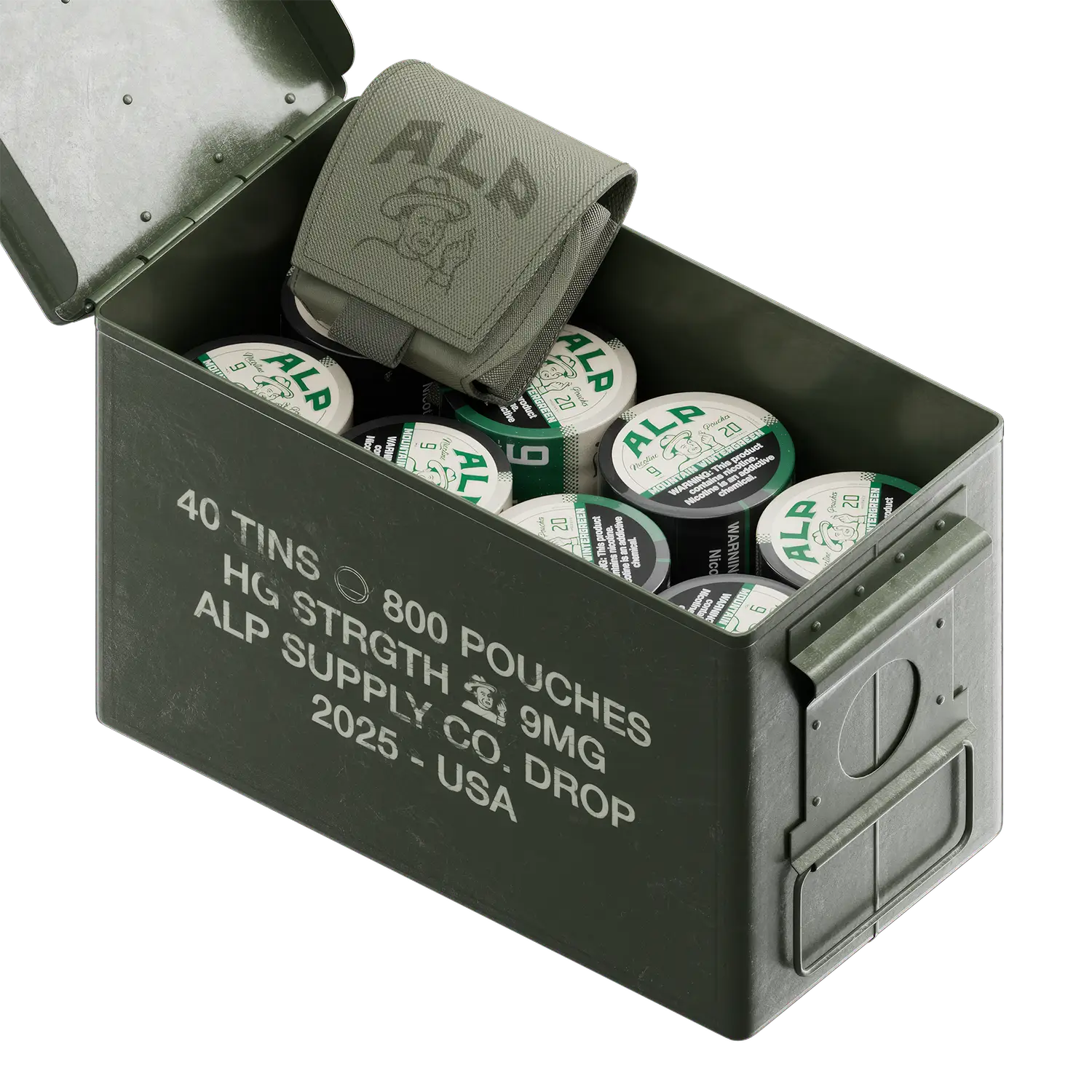 Wintergreen nicotine pouches stored in a military-style green ammo box labeled with quantity and strength details.