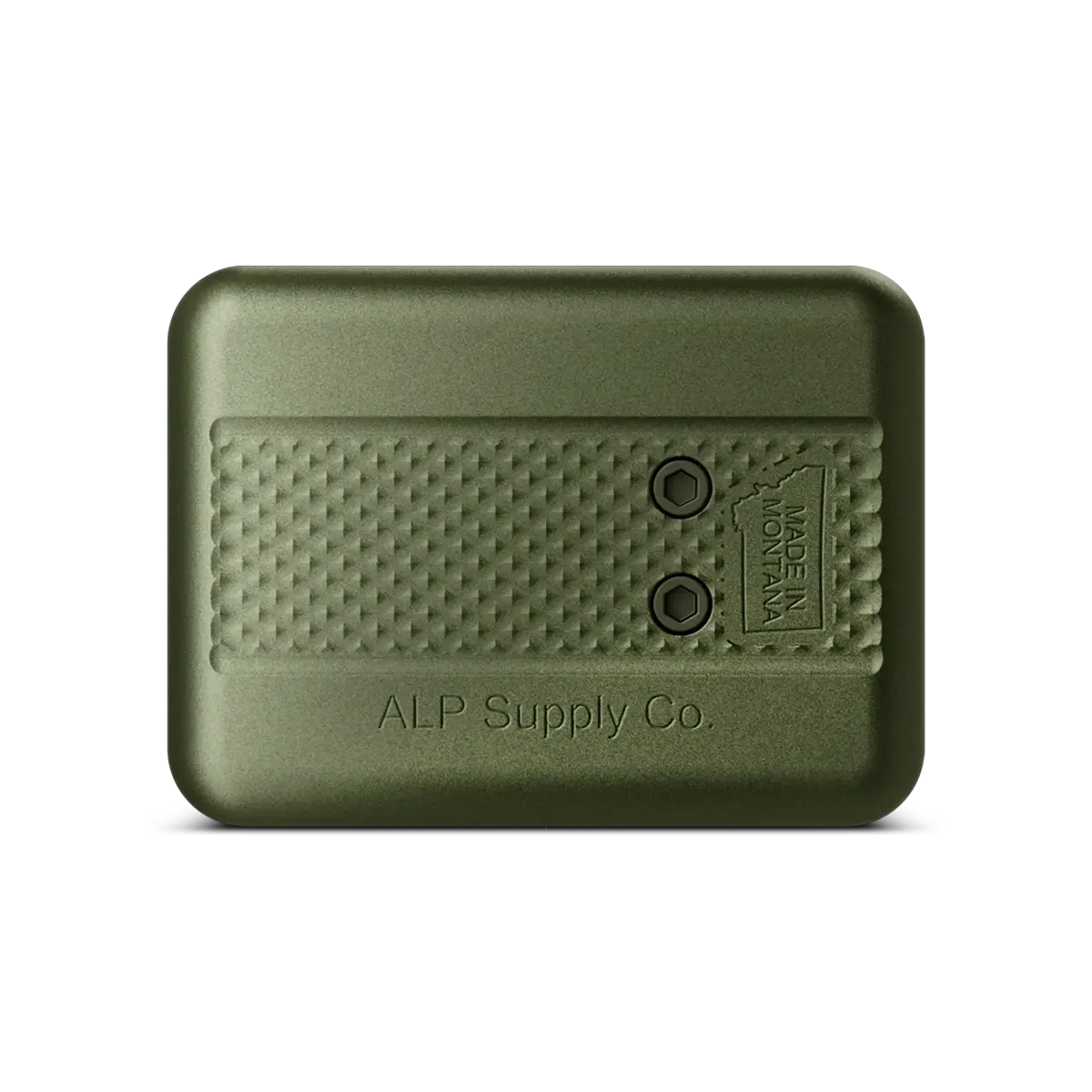 Military green ALP aluminum pouch case bottom view showing ALP Supply Co. branding and Made in Montana stamp.