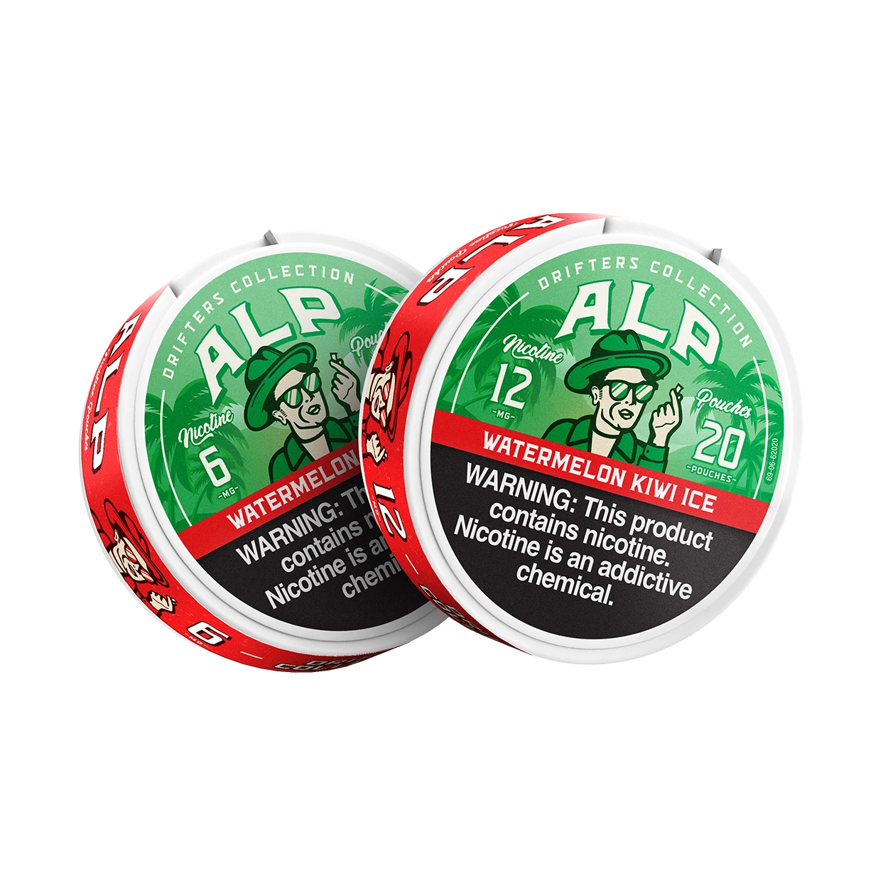 Two ALP Watermelon Kiwi Ice nicotine pouch tins in 6mg and 12mg strengths side by side.