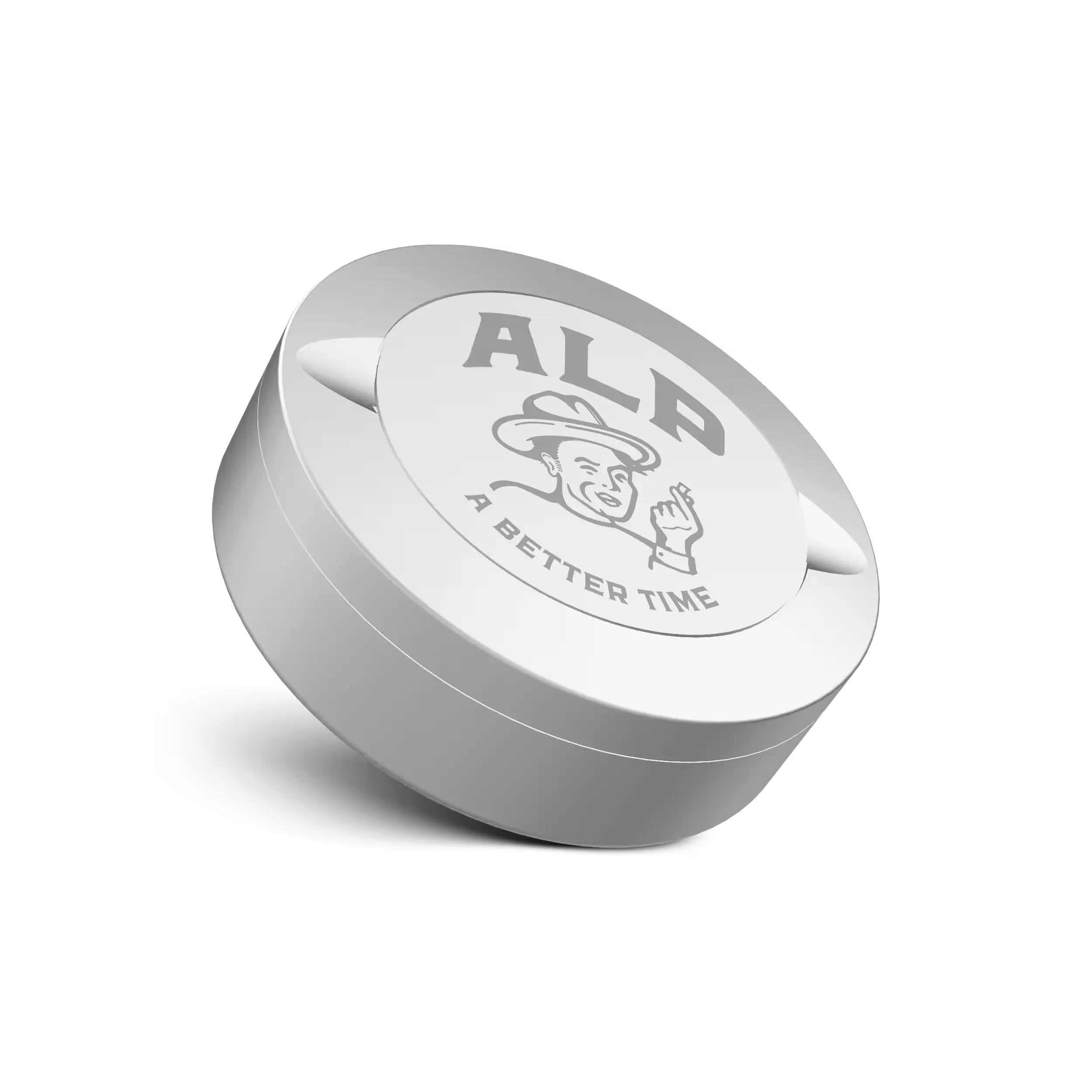 Tilted white ALP tin with "A Better Time" logo embossed on the lid