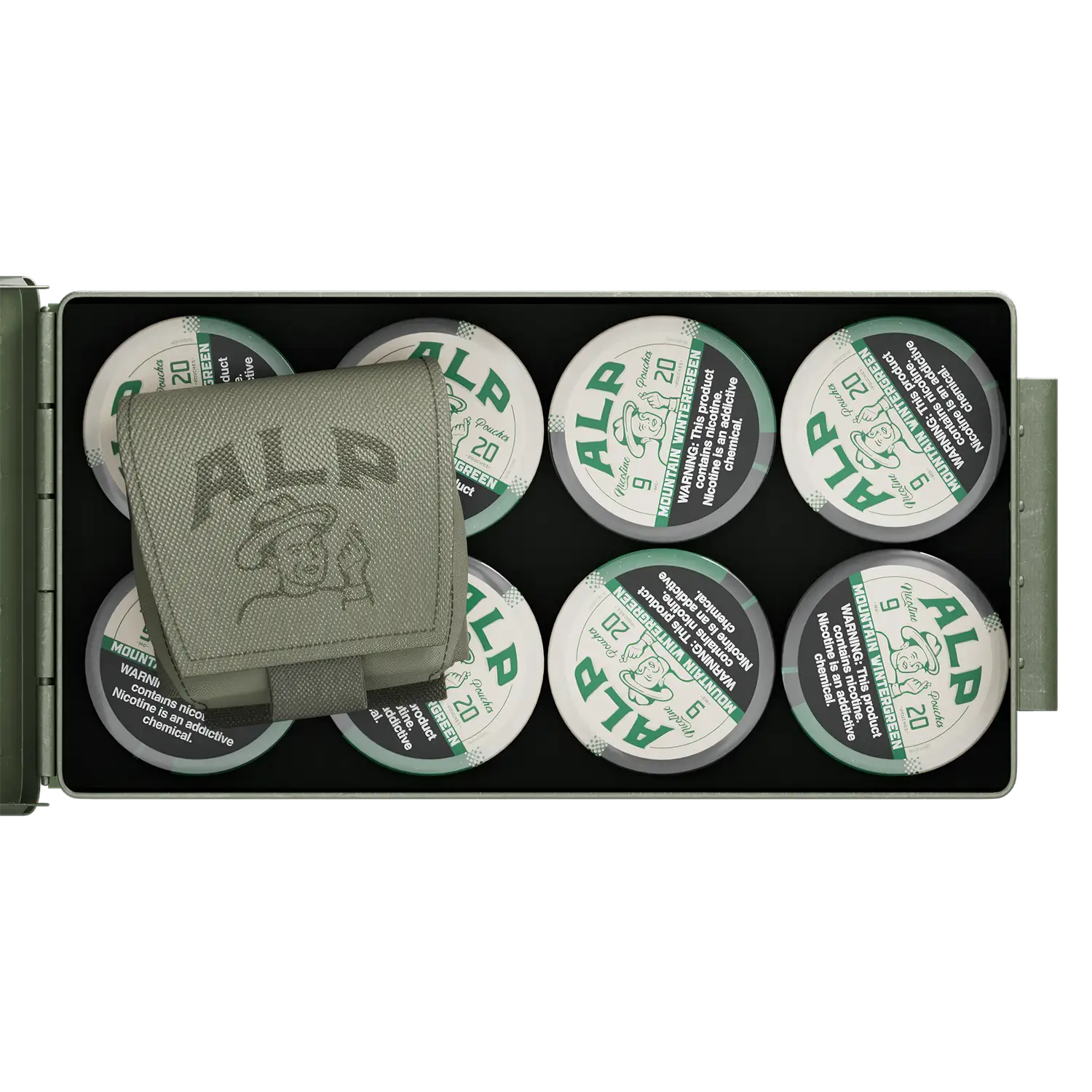 Bulk nicotine pouches neatly arranged in a metal case with ALP branding and an included green tactical pouch.