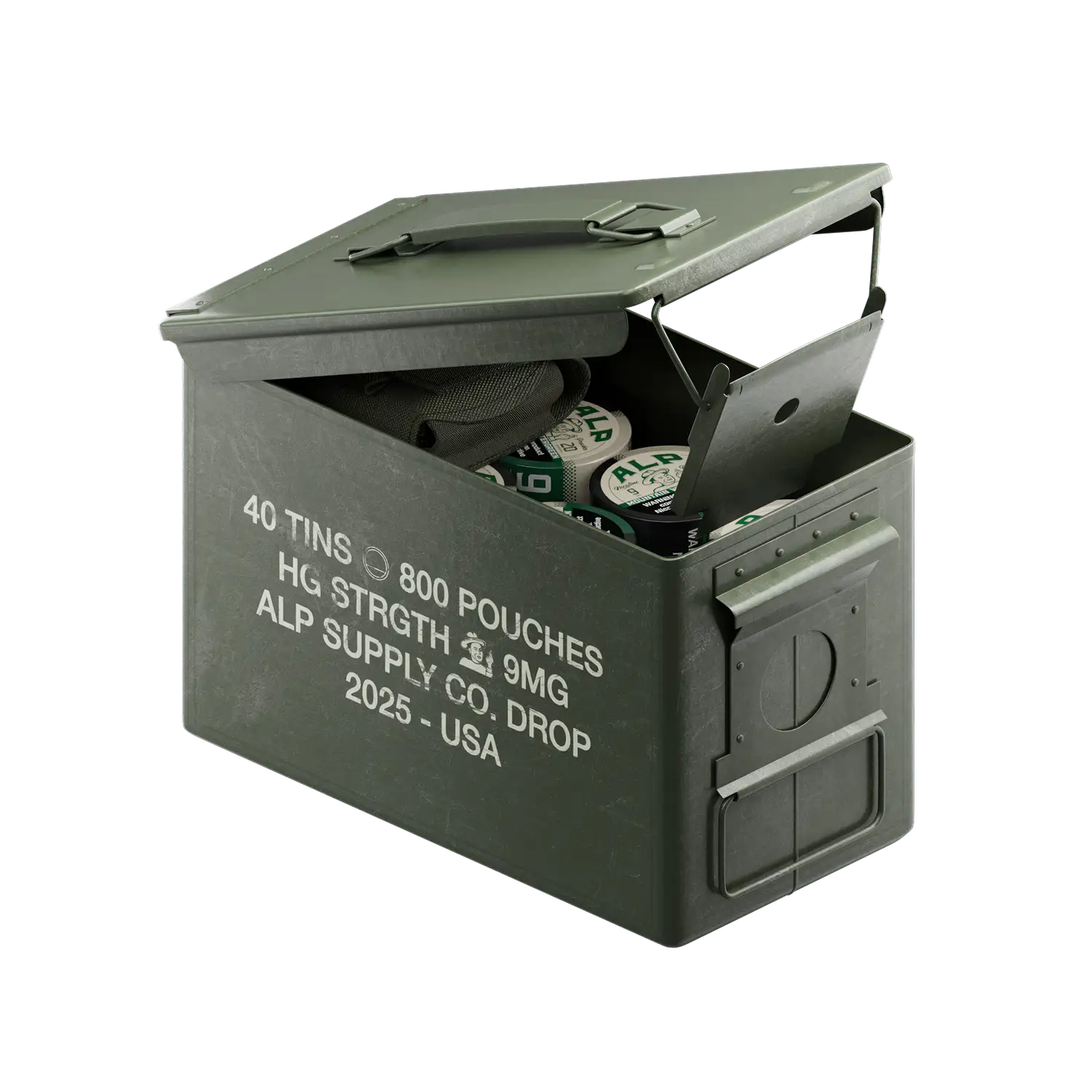 Bulk nicotine pouches packed in a military-style green metal ammo box labeled with 40 tins and 800 pouches.