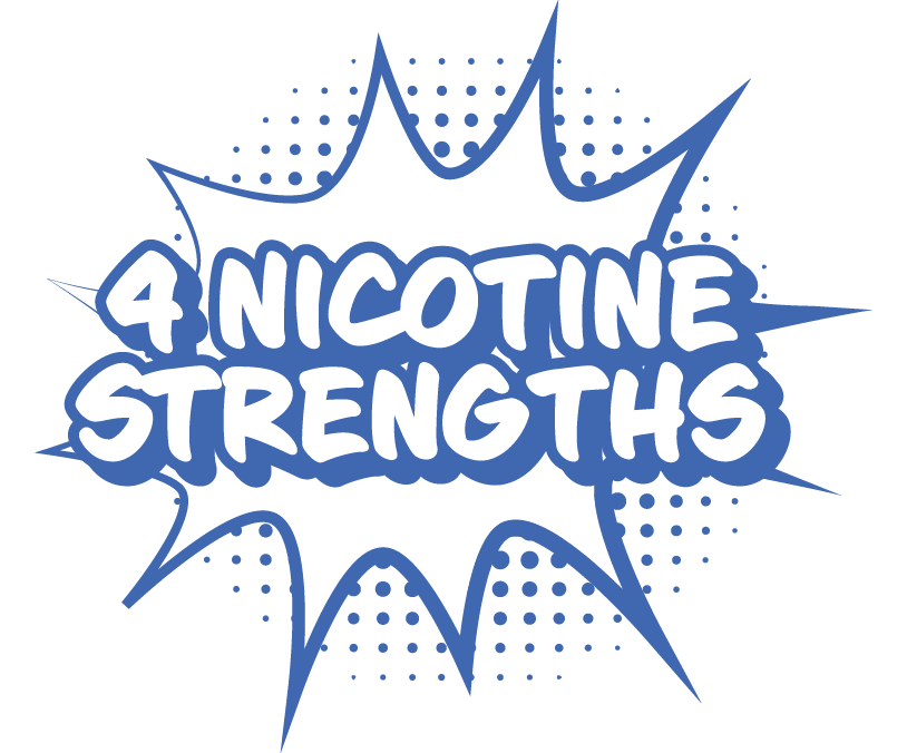 4 nicotine strengths written in bold blue text inside a comic-style starburst with a dotted background