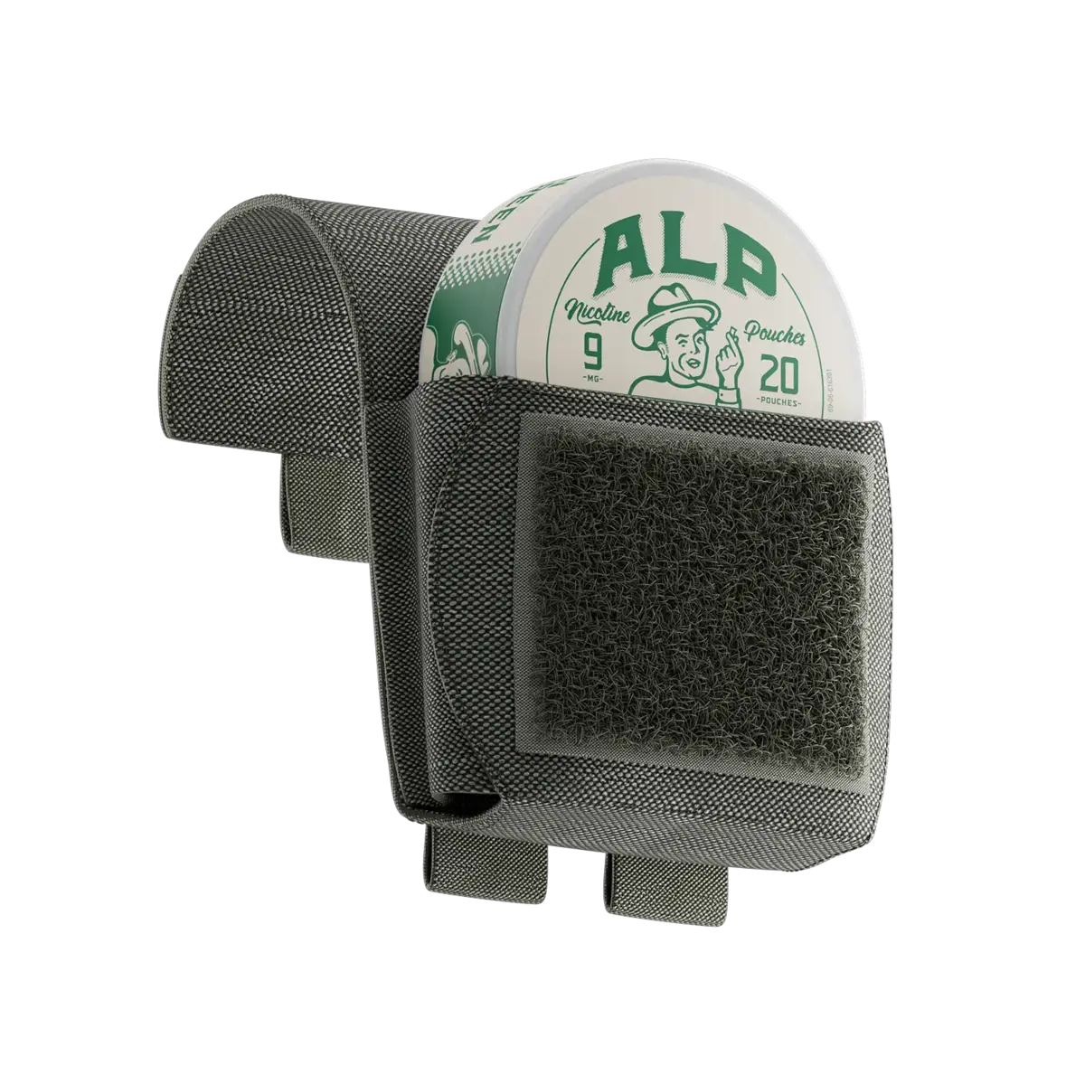 Mint nicotine pouch canister stored in a black tactical-style fabric holder with Velcro closure and belt attachment loops.