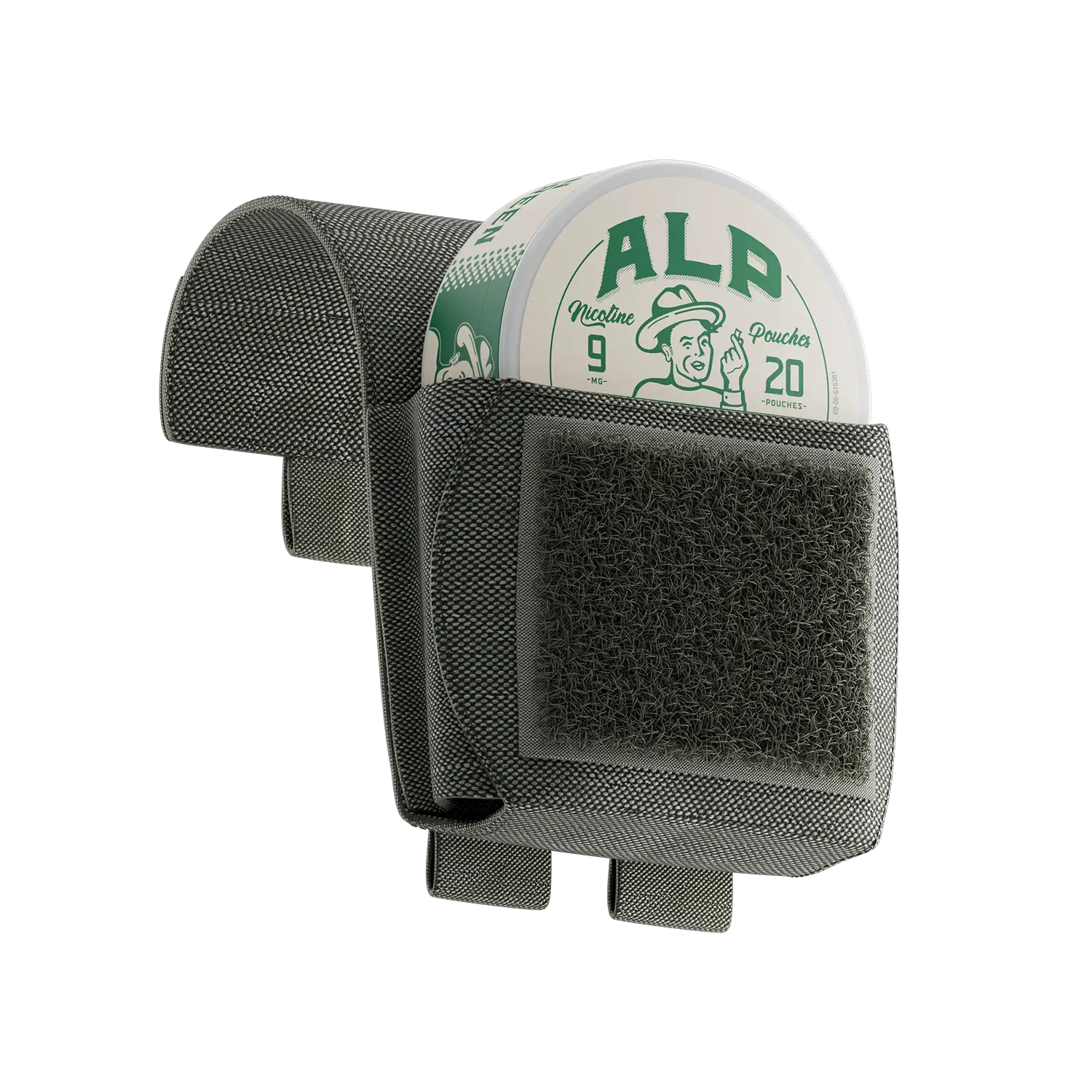 Mint nicotine pouch canister stored in a black tactical-style fabric holder with Velcro closure and belt attachment loops.