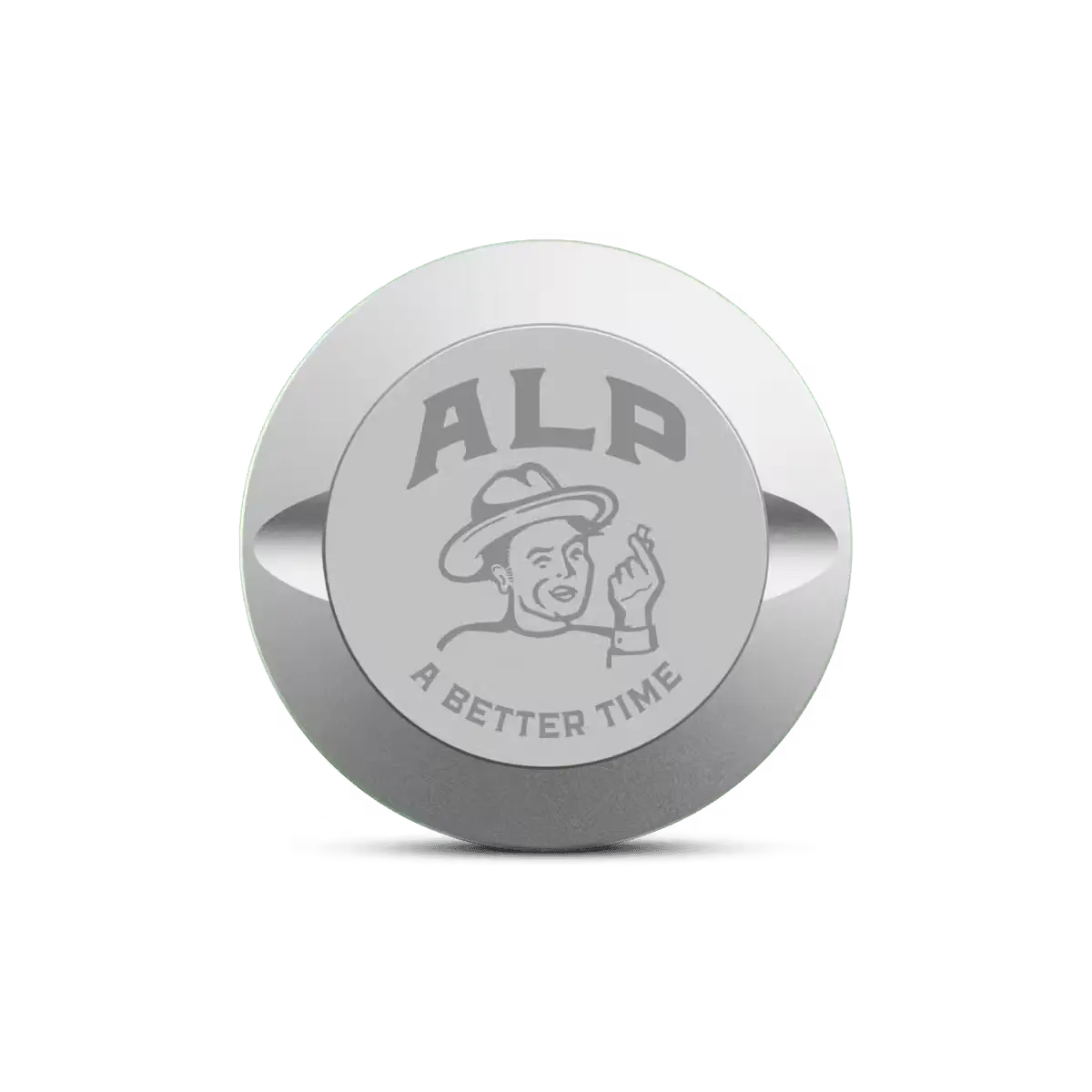 Silver "ALP" nicotine pouches container with embossed design and the slogan "A Better Time"