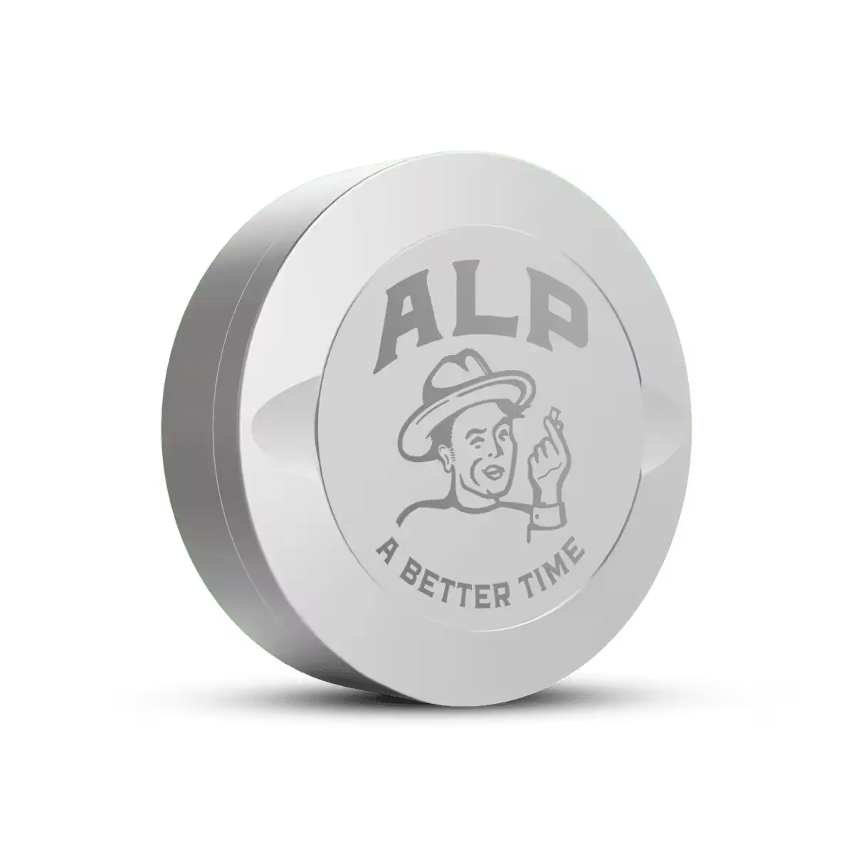 Silver "ALP" nicotine pouches container featuring an embossed logo and the slogan "A Better Time