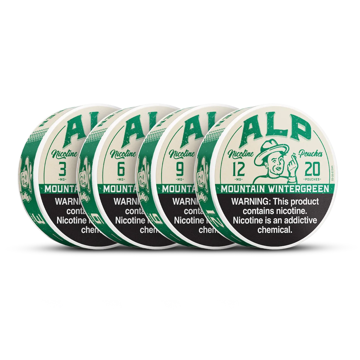 Five ALP Mountain Wintergreen nicotine pouches with varying nicotine strengths on a white background.