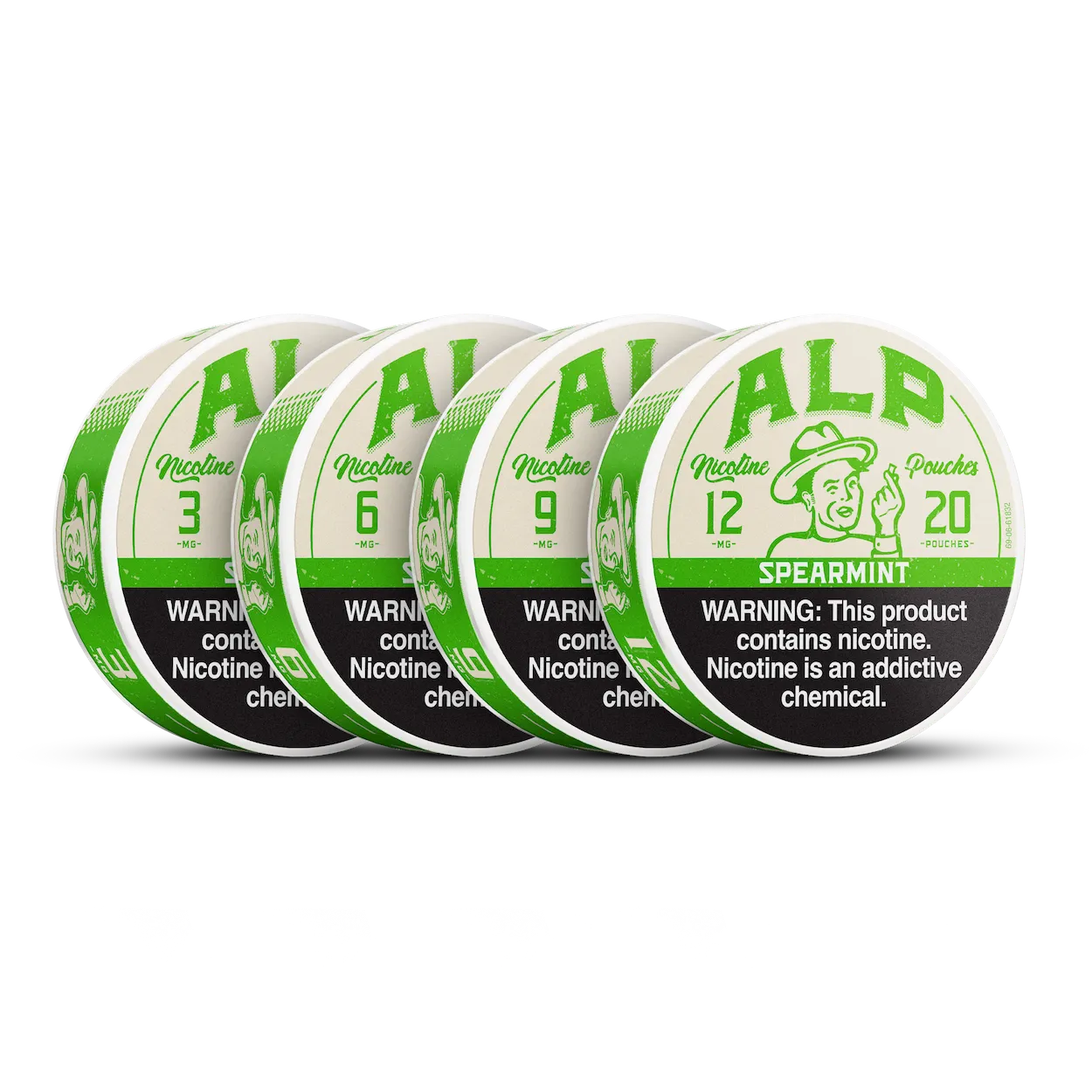 ALP spearmint nicotine pouches in varying nicotine strengths