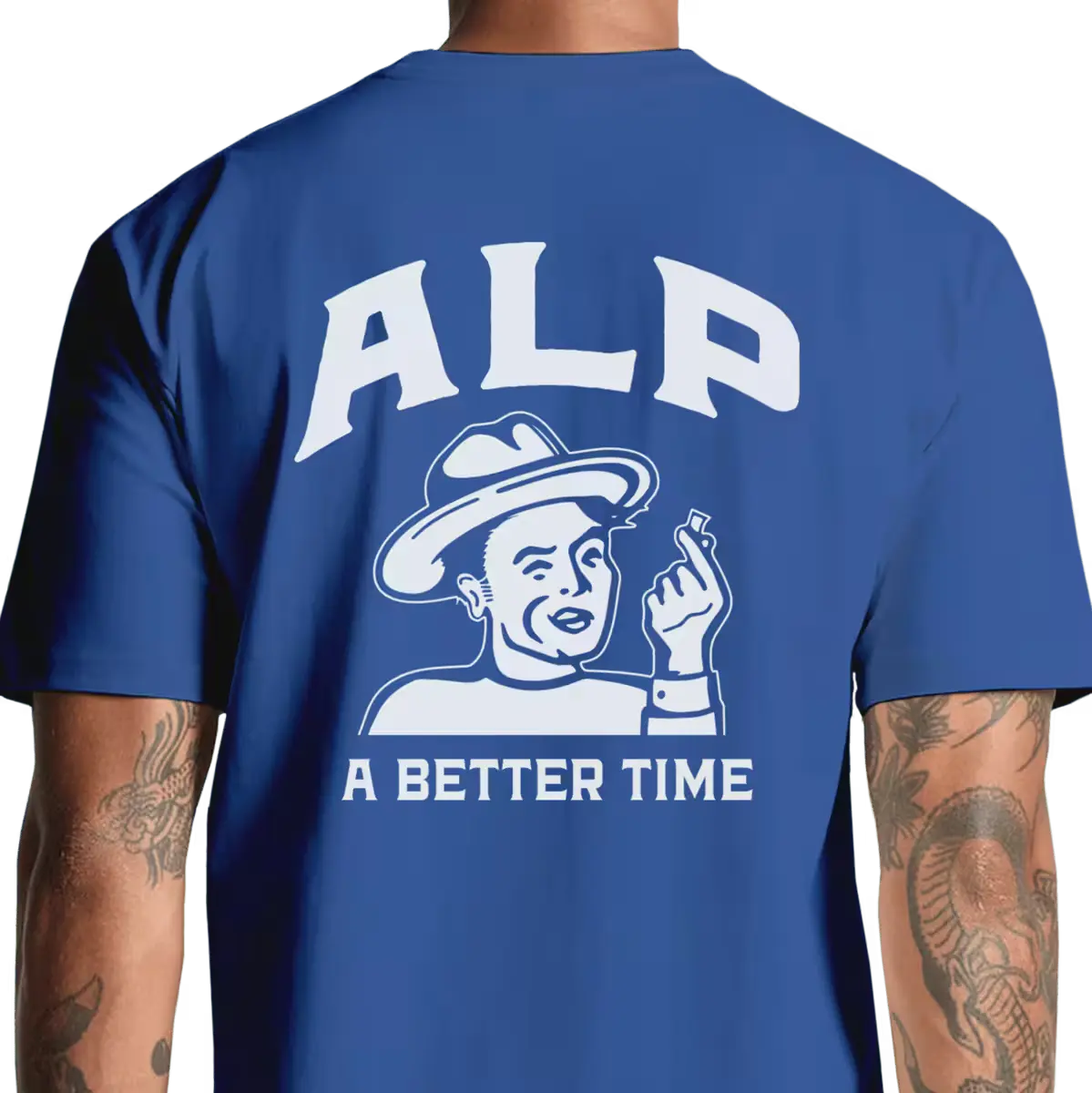 Back view of a blue t-shirt with white ALP logo and "A Better Time" graphic and text