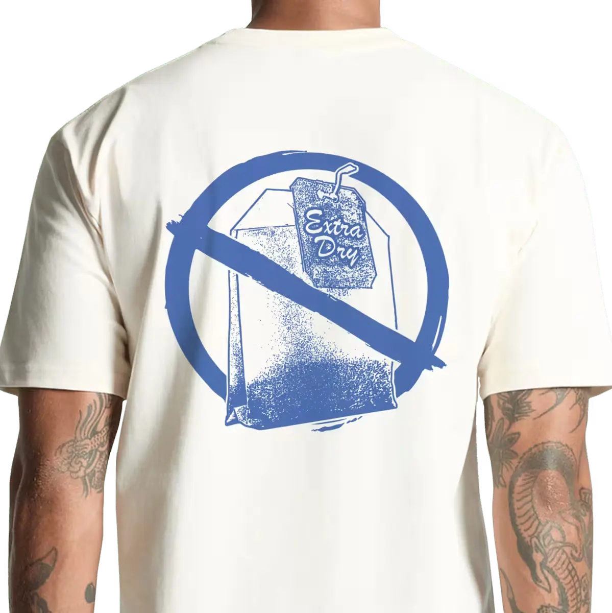 Close-up of a white T-shirt featuring a blue "No Extra Dry" symbol graphic on the back.