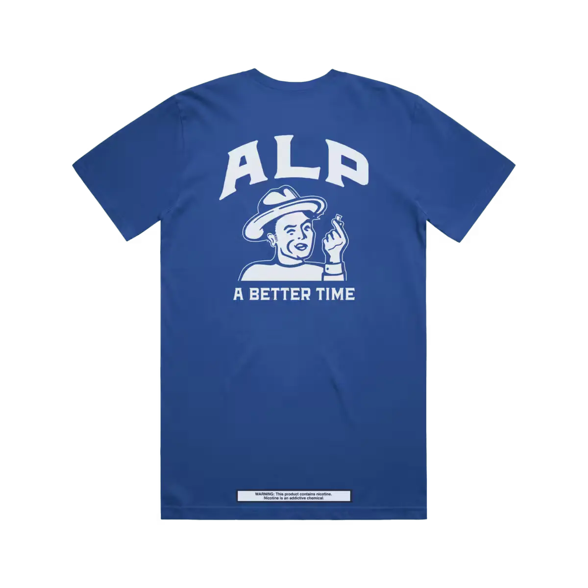 Blue T-shirt featuring a large white "ALP" logo and "A Better Time" slogan printed on the back