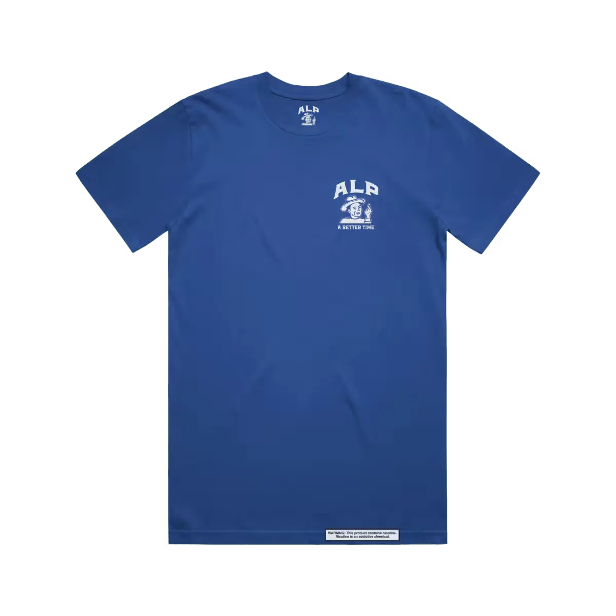 Blue T-shirt with a white "ALP" logo and "A Better Time" slogan printed on the front left chest