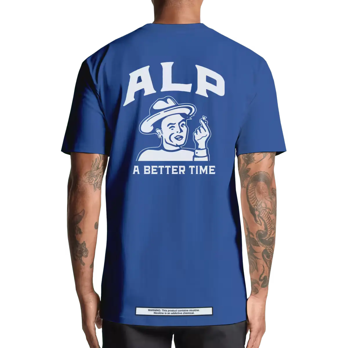 Man wearing a blue T-shirt with a large white "ALP" logo and "A Better Time" slogan printed on the back