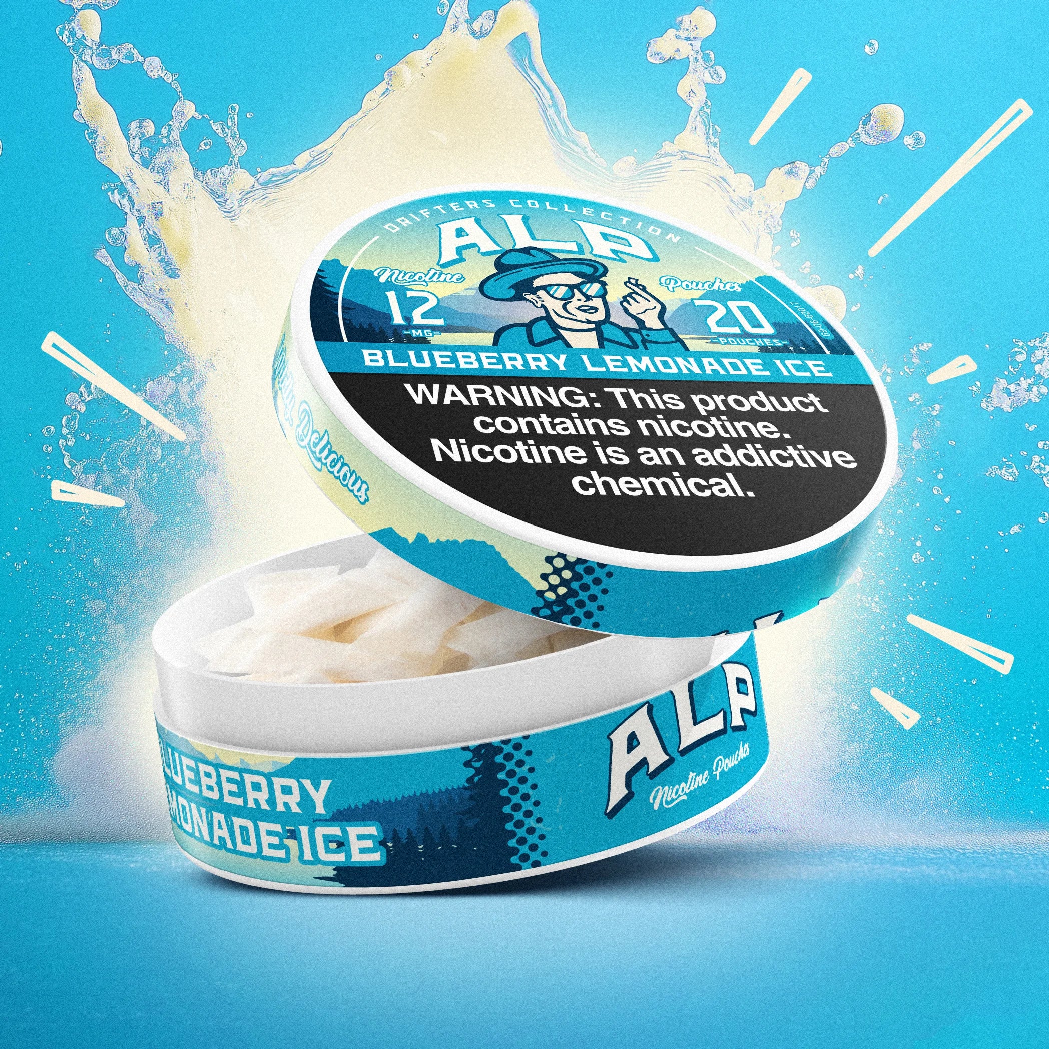 ALP Blueberry Lemonade Ice nicotine pouch tin open with white pouches visible and ice splash effects.