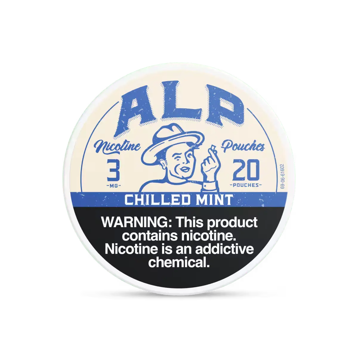 "ALP Chilled Mint" nicotine pouches container featuring a warning label about nicotine's addictive properties