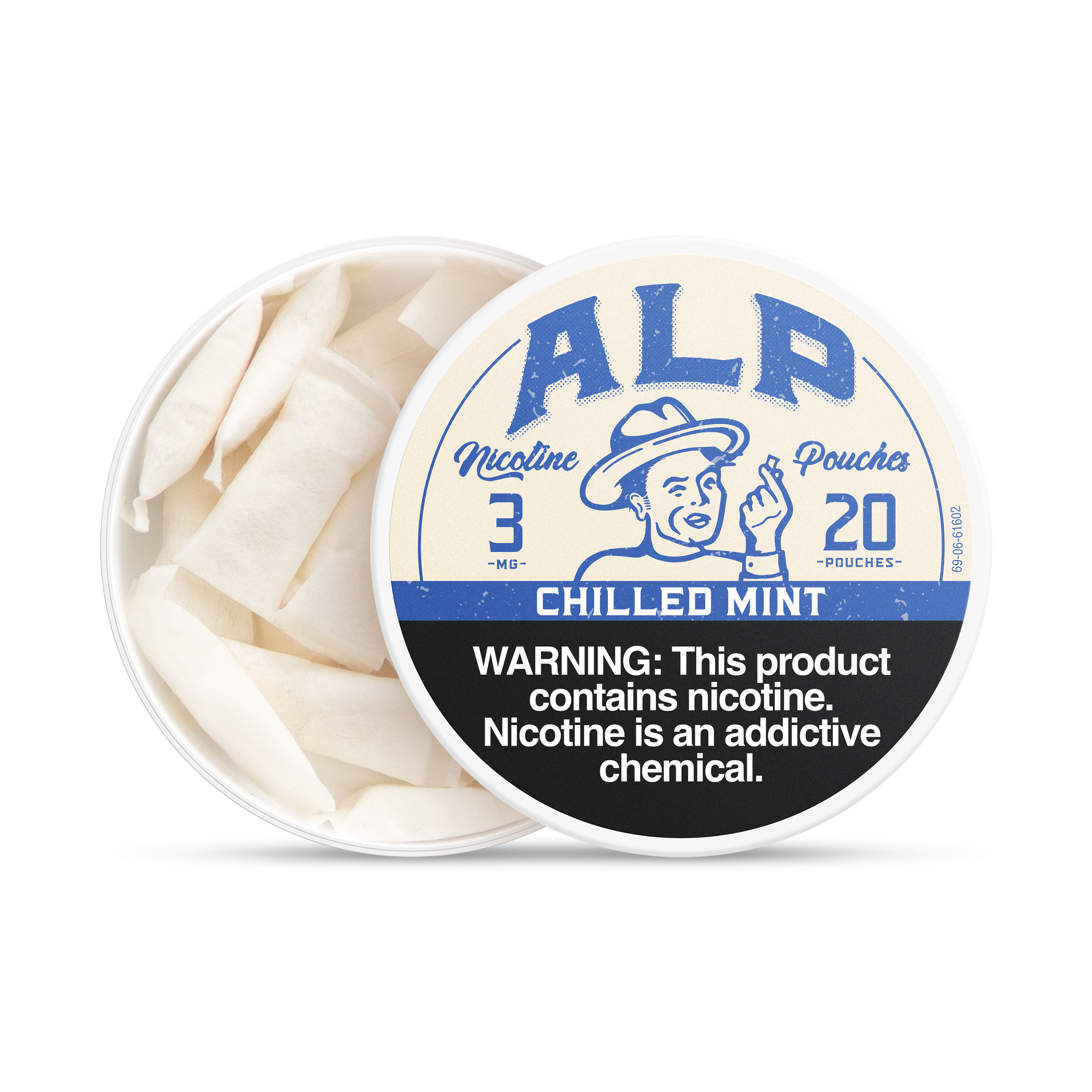 ALP mint nicotine pouches in a 20-count container, 3 mg strength, with warning label displayed.