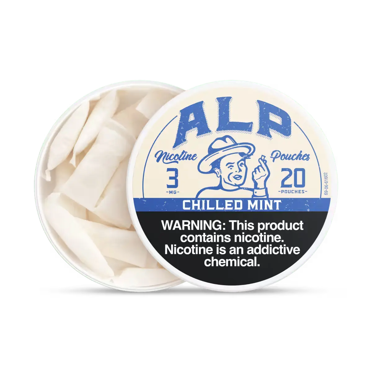 ALP mint nicotine pouches in a 20-count container, 3 mg strength, with warning label displayed