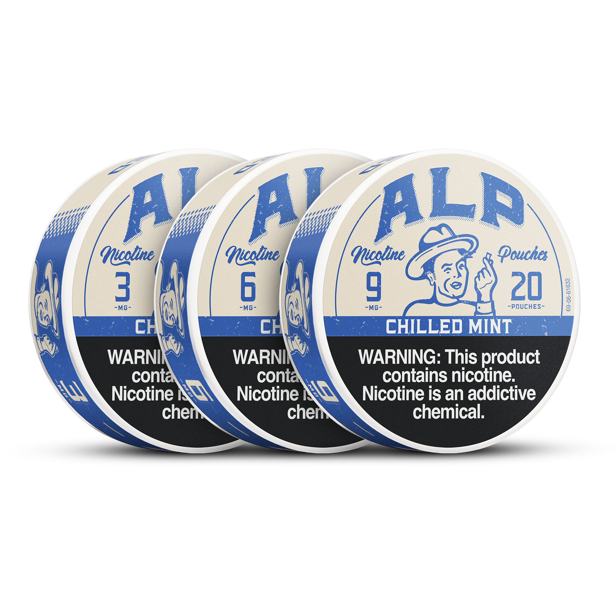 ALP mint nicotine pouches in chilled mint flavor, available in 3, 6, and 9 mg strengths with warning label displayed.