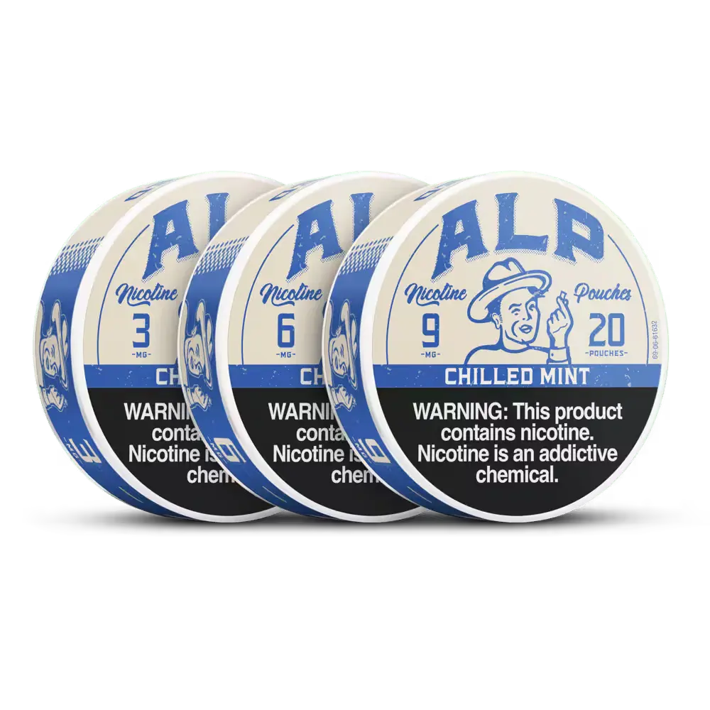 ALP mint nicotine pouches in chilled mint flavor, available in 3, 6, and 9 mg strengths with warning label displayed