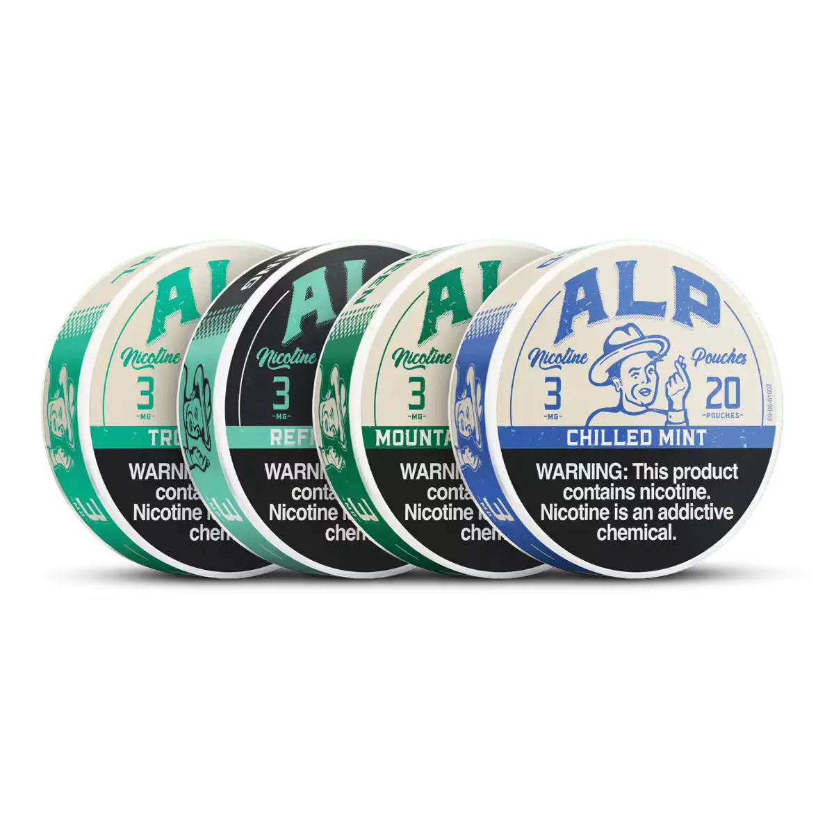 Four "ALP" nicotine pouches containers in various flavors, each displaying a nicotine warning label prominently