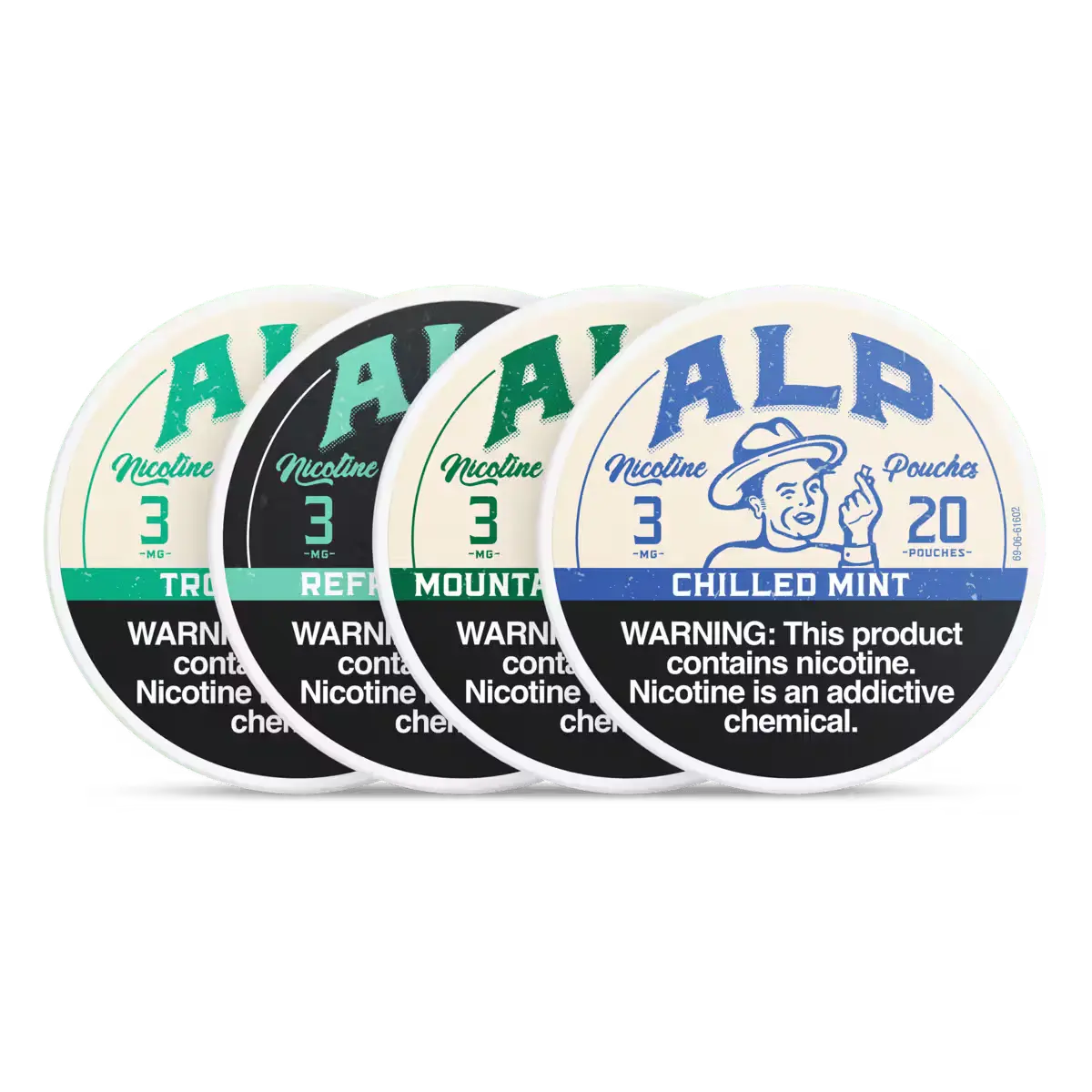 Variety of "ALP" nicotine pouches containers in different flavors, each labeled with a nicotine warning