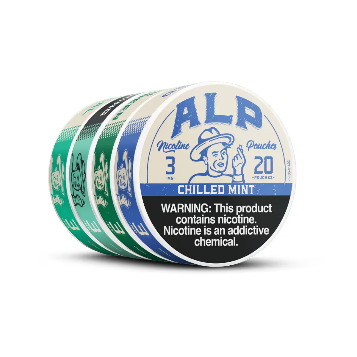 Four stacked containers of "ALP Chilled Mint" nicotine pouches, featuring a bold nicotine addiction warning label