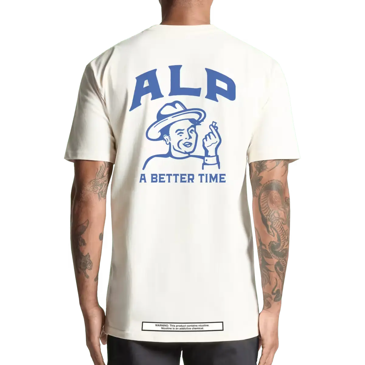 Man wearing a white T-shirt with a large blue "ALP" logo and "A Better Time" slogan printed on the back