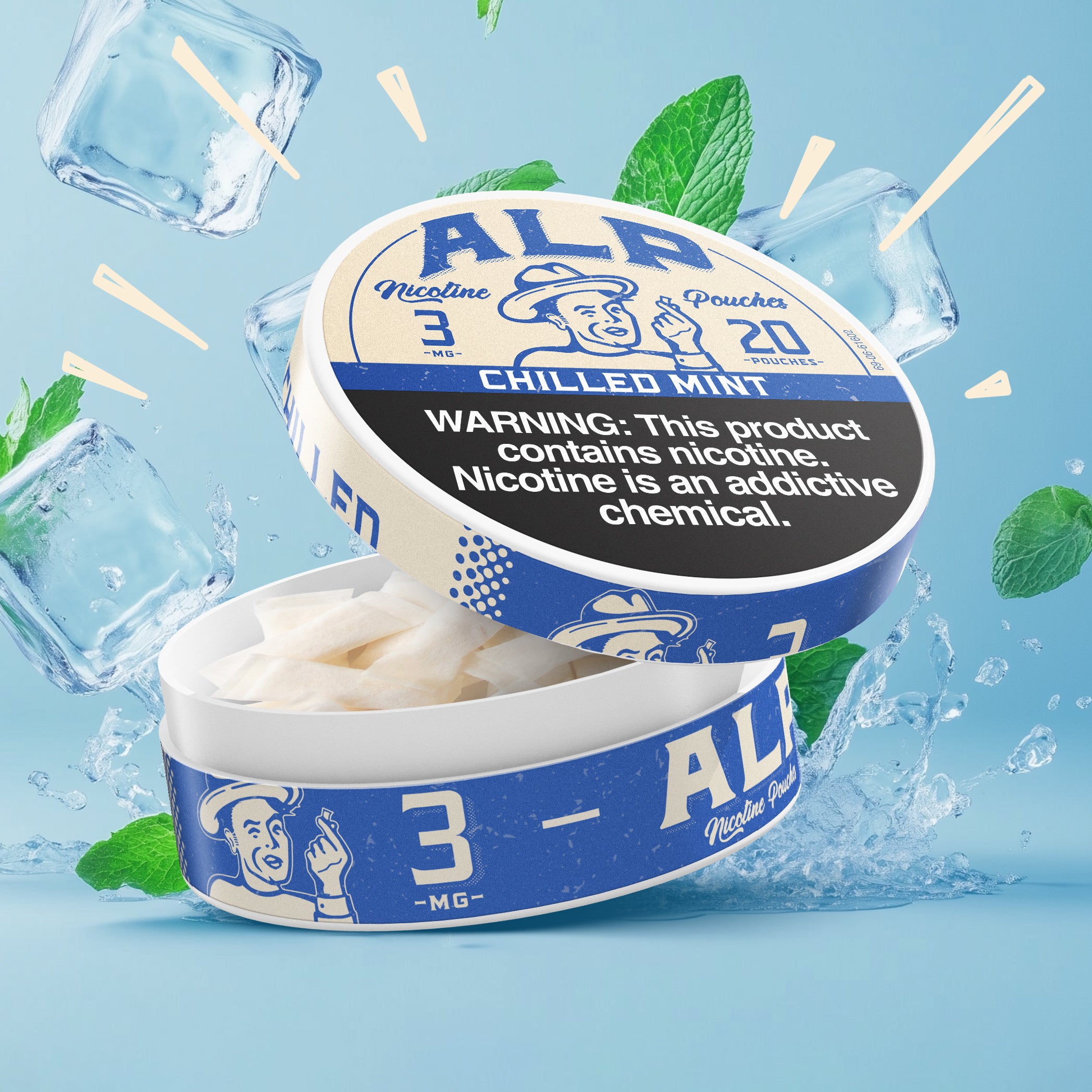 ALP mint nicotine pouches in chilled mint flavor, 3 mg strength, with ice cubes and mint leaves for a refreshing appeal.