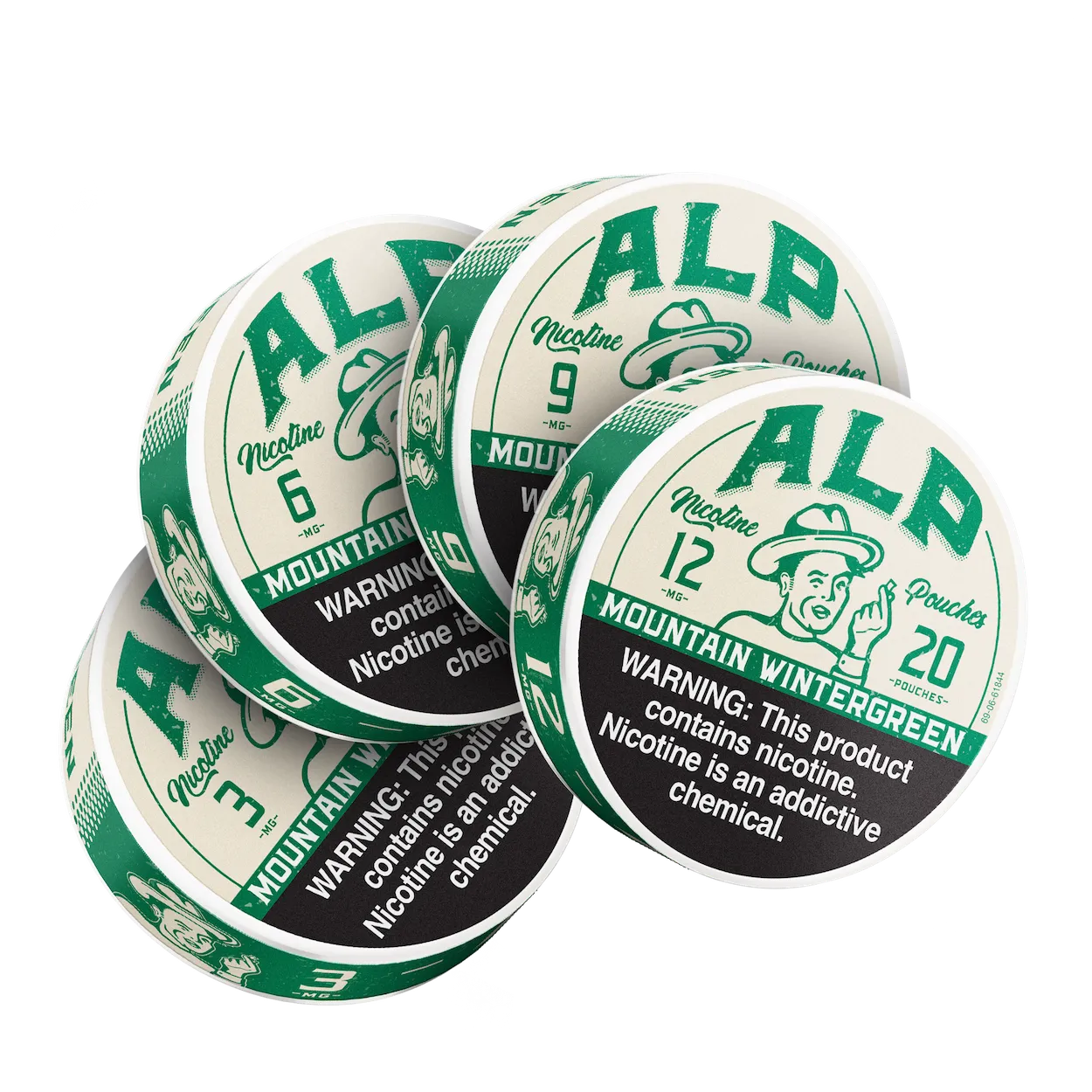 Four ALP Mountain Wintergreen nicotine pouches on a white background