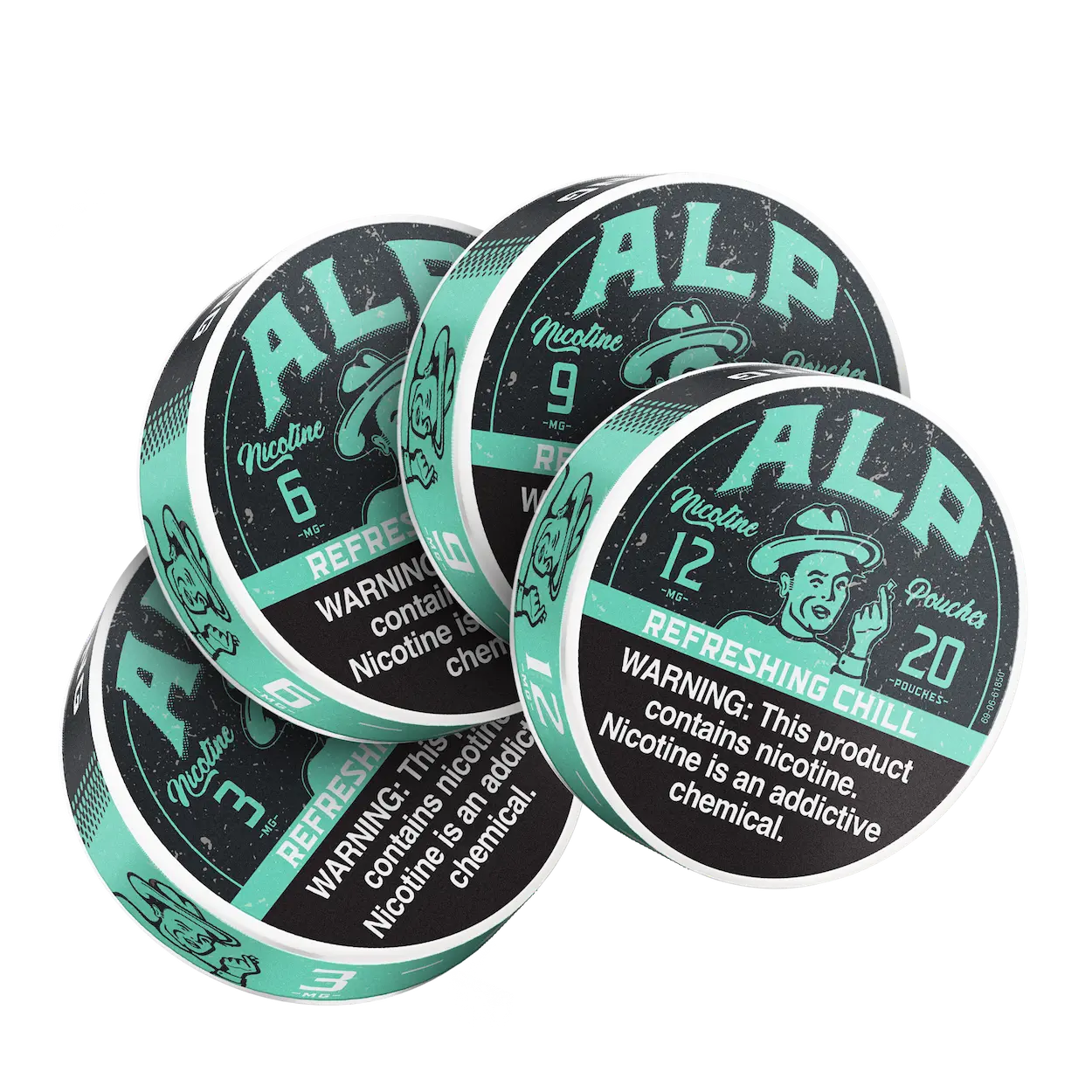 Four containers of ALP nicotine products with visible branding and warning labels on a white background.