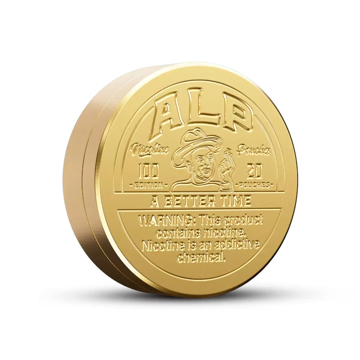 Gold "ALP" limited edition nicotine pouches container with embossed warning and "A Better Time" slogan