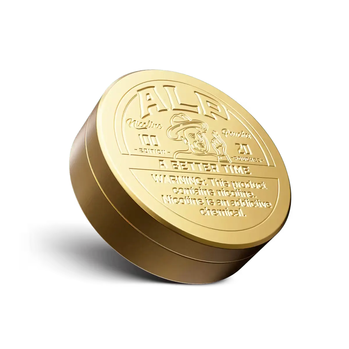 Gold "ALP" limited edition nicotine pouches container featuring embossed details and a warning label