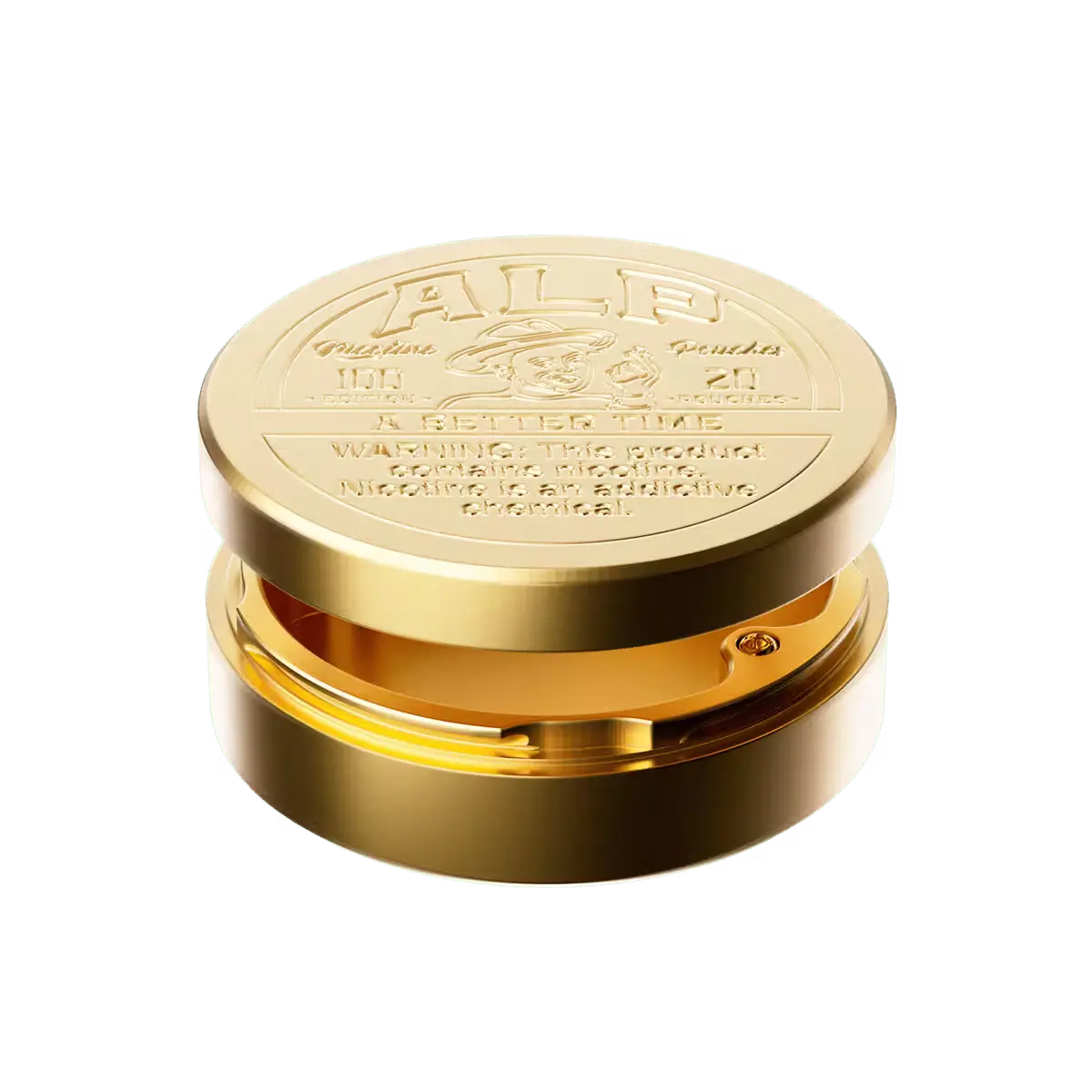 Open gold "ALP" nicotine pouches container marked as a limited edition with embossed text and warning label