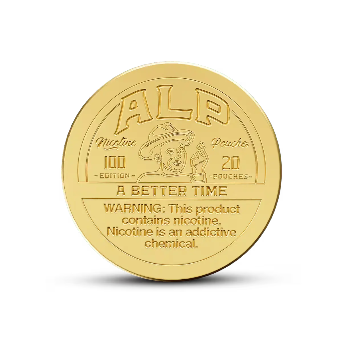 Front view of a gold "ALP" limited edition nicotine pouches container with embossed logo and warning label