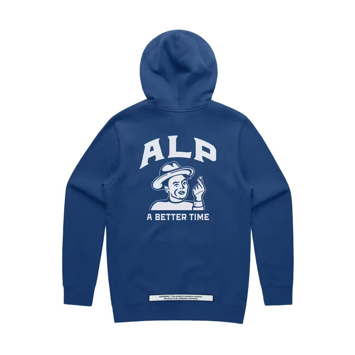 Blue hoodie with "ALP" logo, character graphic, and "A Better Time" text on the back, featuring a small warning label