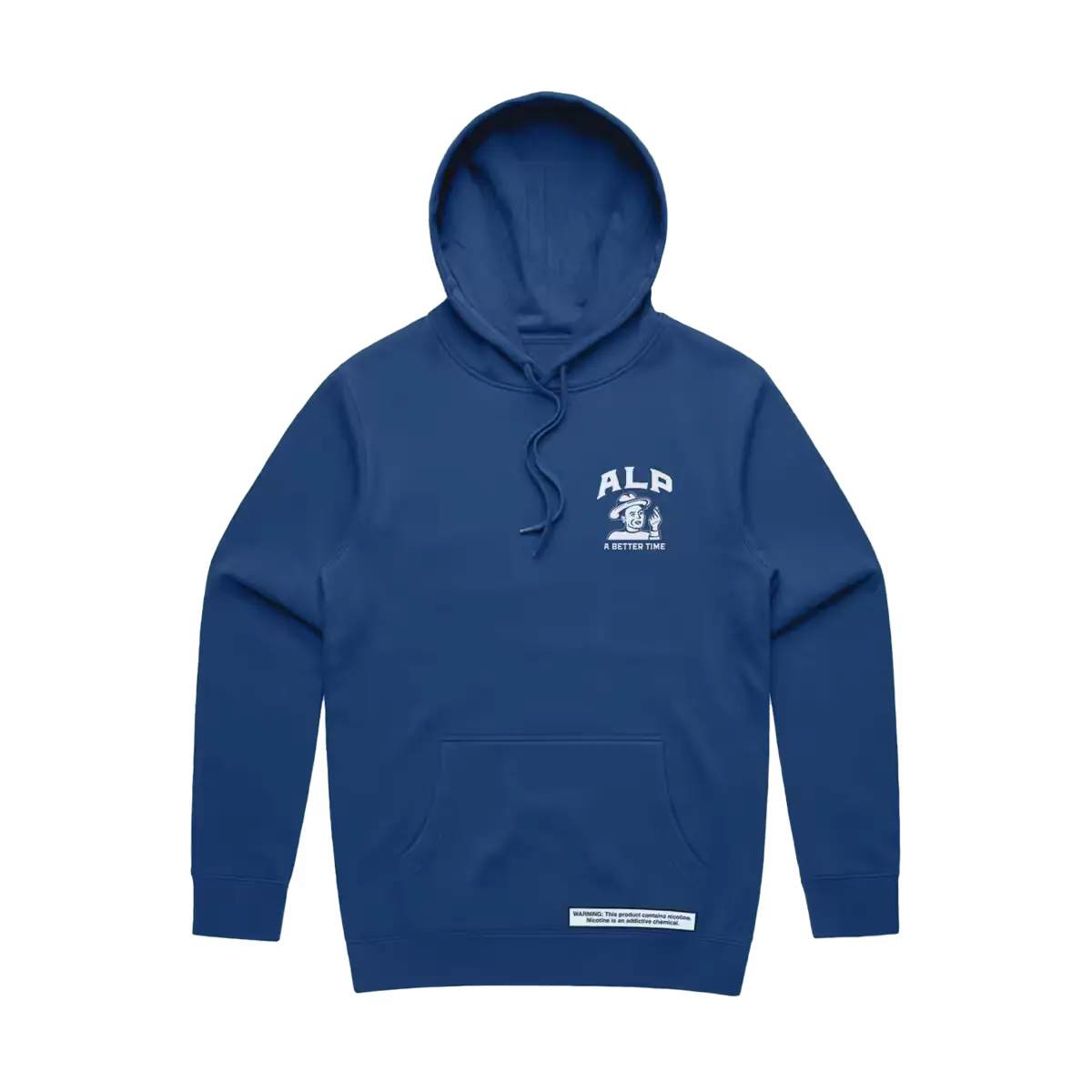 Blue hoodie with "ALP" logo and "A Better Time" text on the front, featuring a small warning label at the hem.