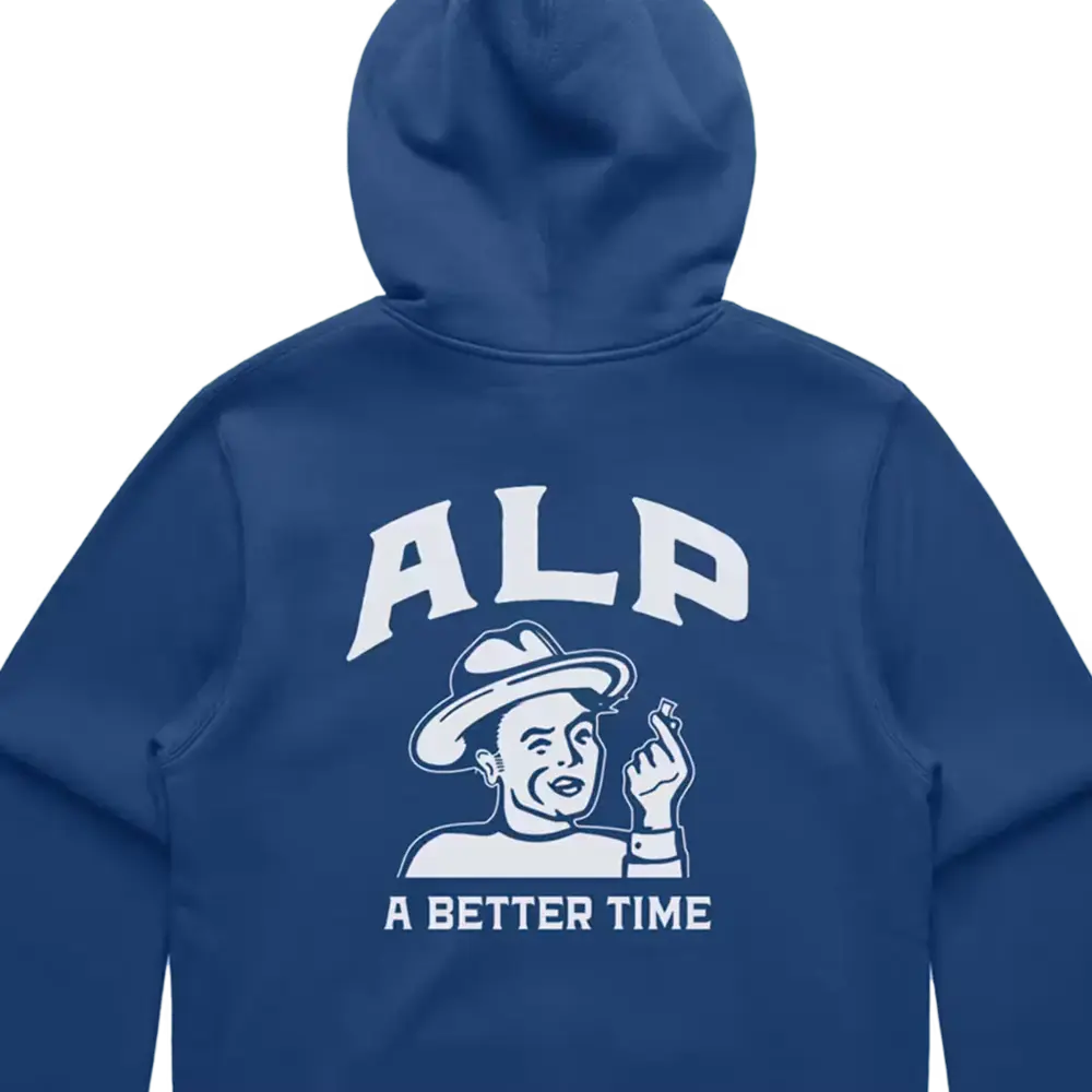 Blue hoodie featuring a large white "ALP" logo and "A Better Time" slogan printed on the back