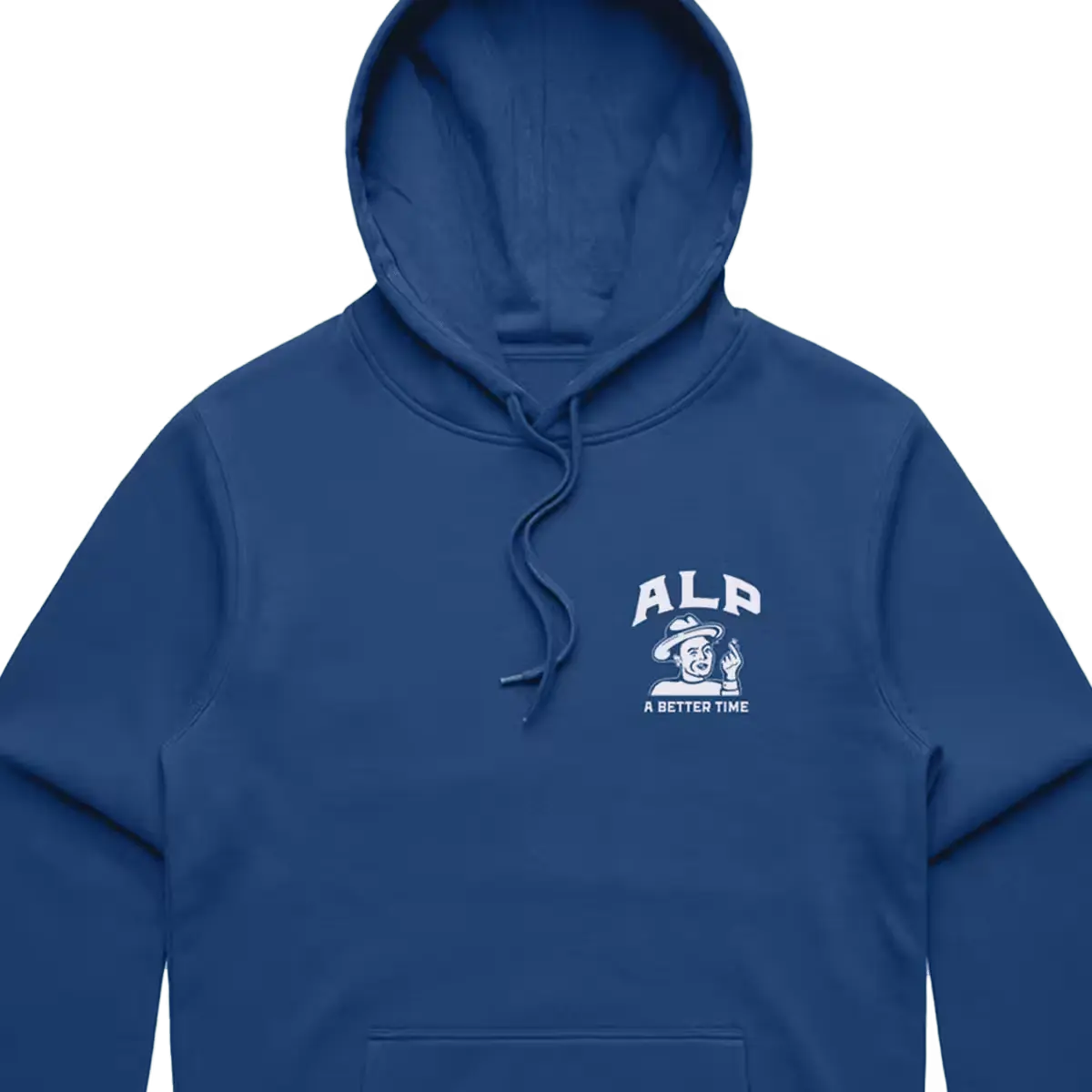 Blue hoodie with a white "ALP" logo and "A Better Time" slogan printed on the front left chest