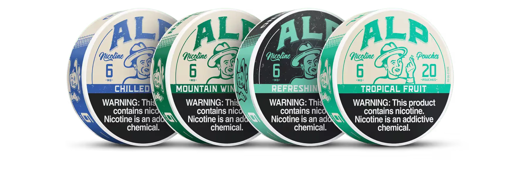 ALP nicotine pouches in various flavors including Chilled Mint, Mountain Wintergreen, Refreshing Chill, and Tropical Fruit, with warnings