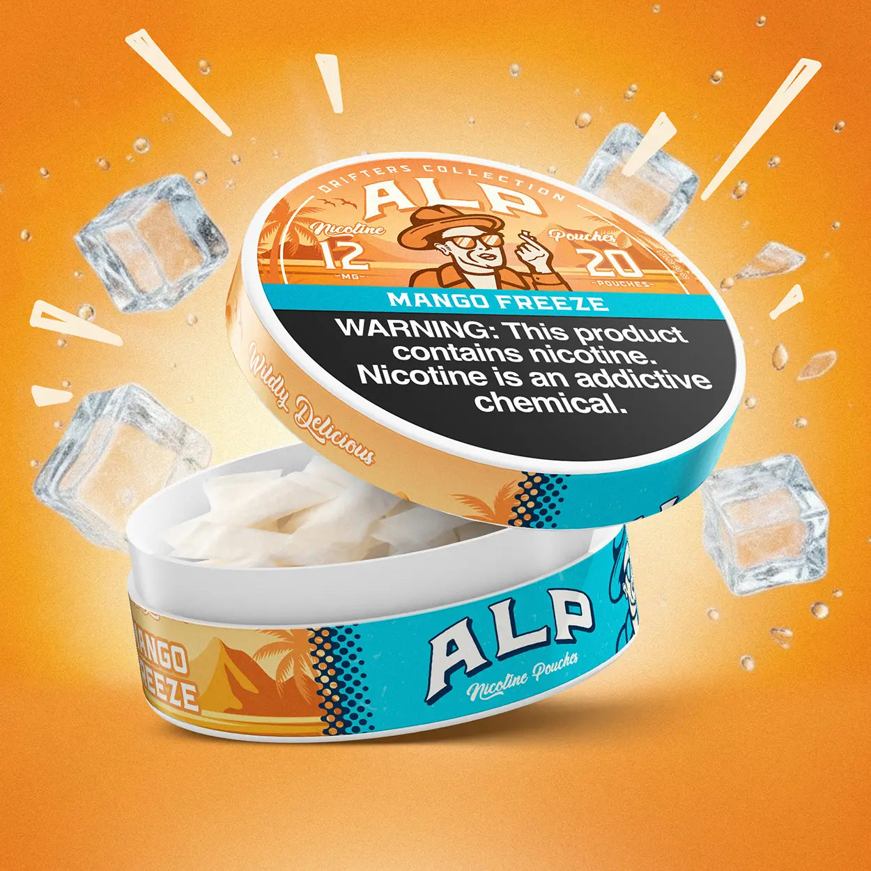 ALP Mango Freeze nicotine pouch tin open with white pouches inside surrounded by ice cubes on an orange background.