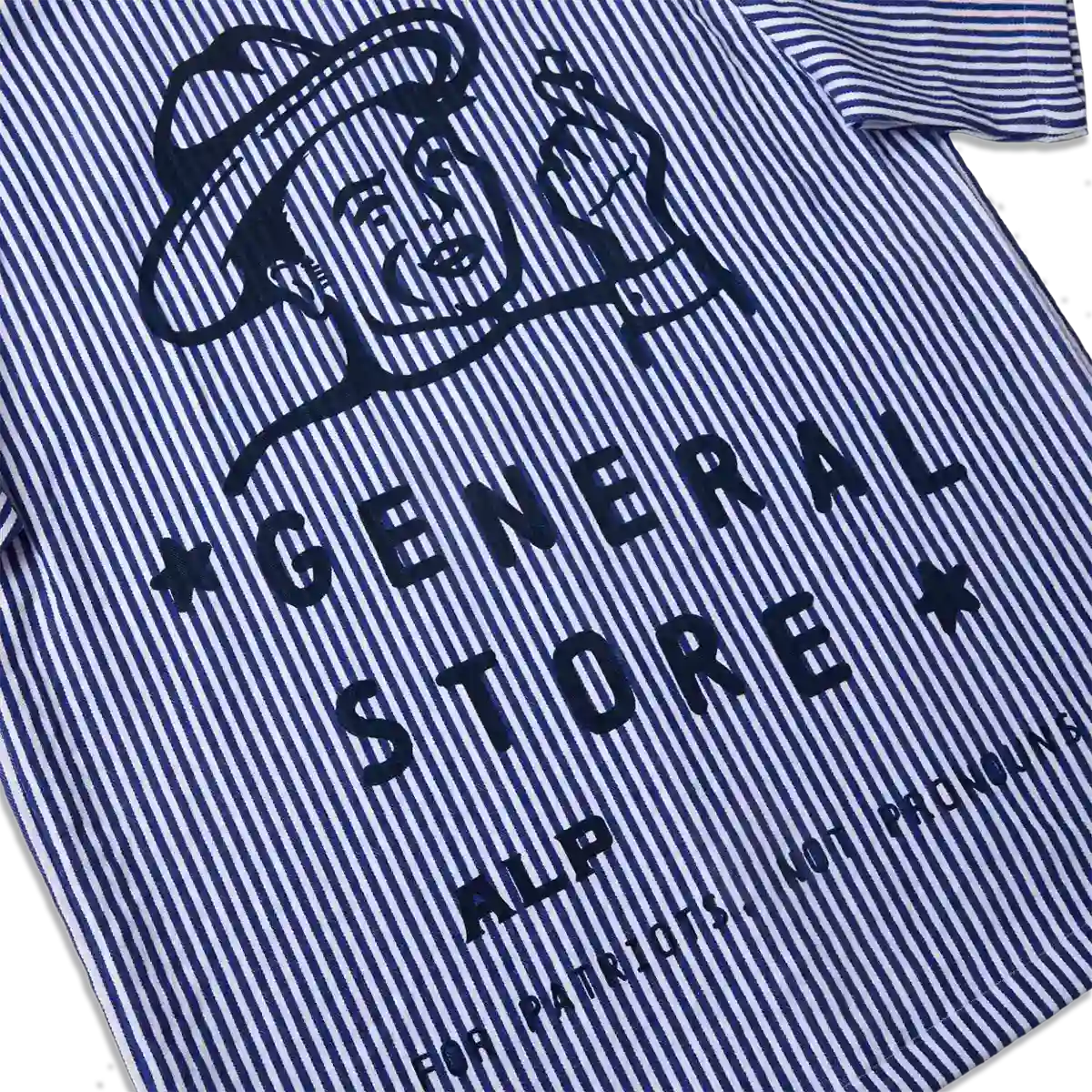 Blue and white striped mechanic's shirt with General Store logo and embroidered patches
