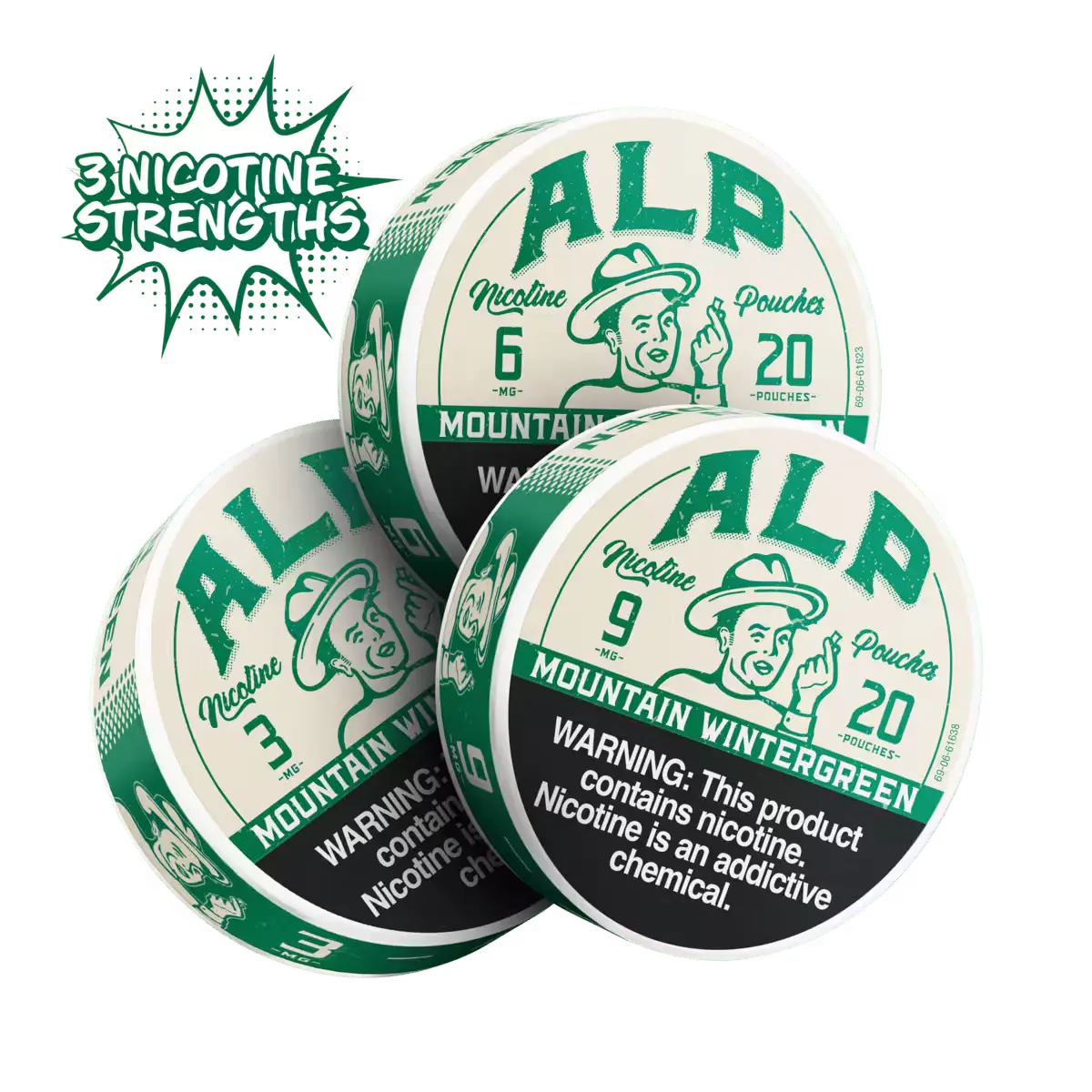 ALP Mountain Wintergreen nicotine pouches in 3 mg, 6 mg, and 9 mg strengths, each can containing 20 pouches