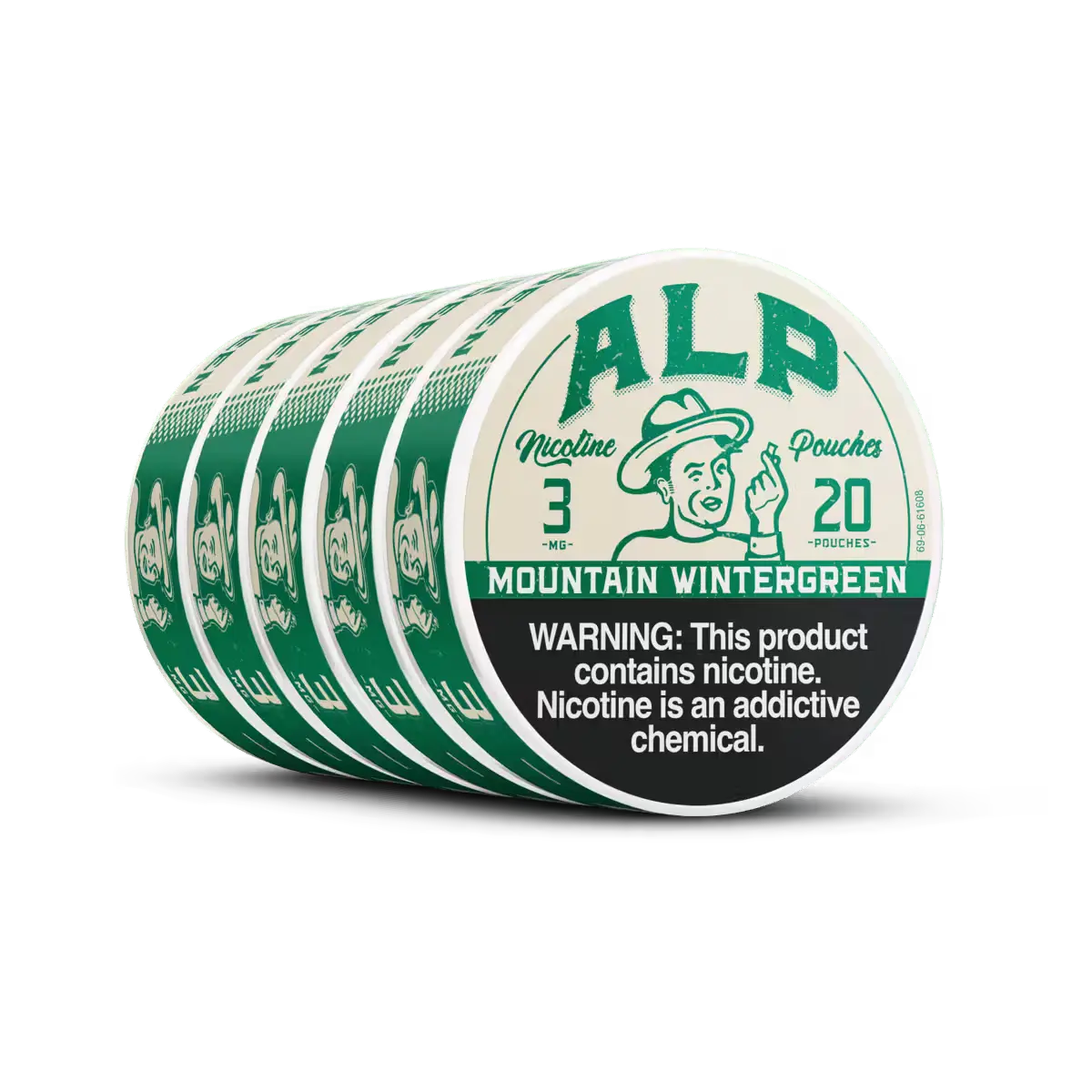 Five stacked cans of ALP nicotine pouches in "Mountain Wintergreen" flavor, labeled with 3 mg nicotine and 20 pouches per can, featuring a nicotine warning label