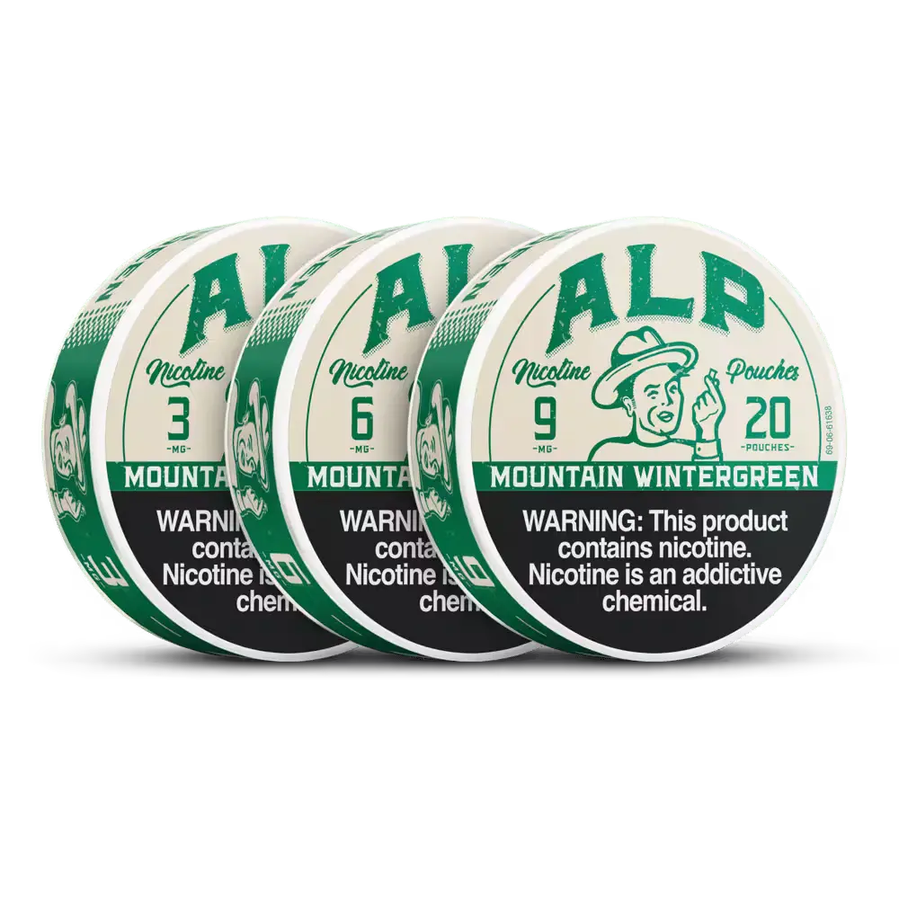 ALP nicotine pouches in "Mountain Wintergreen" flavor, available in three strengths, with nicotine warning label displayed