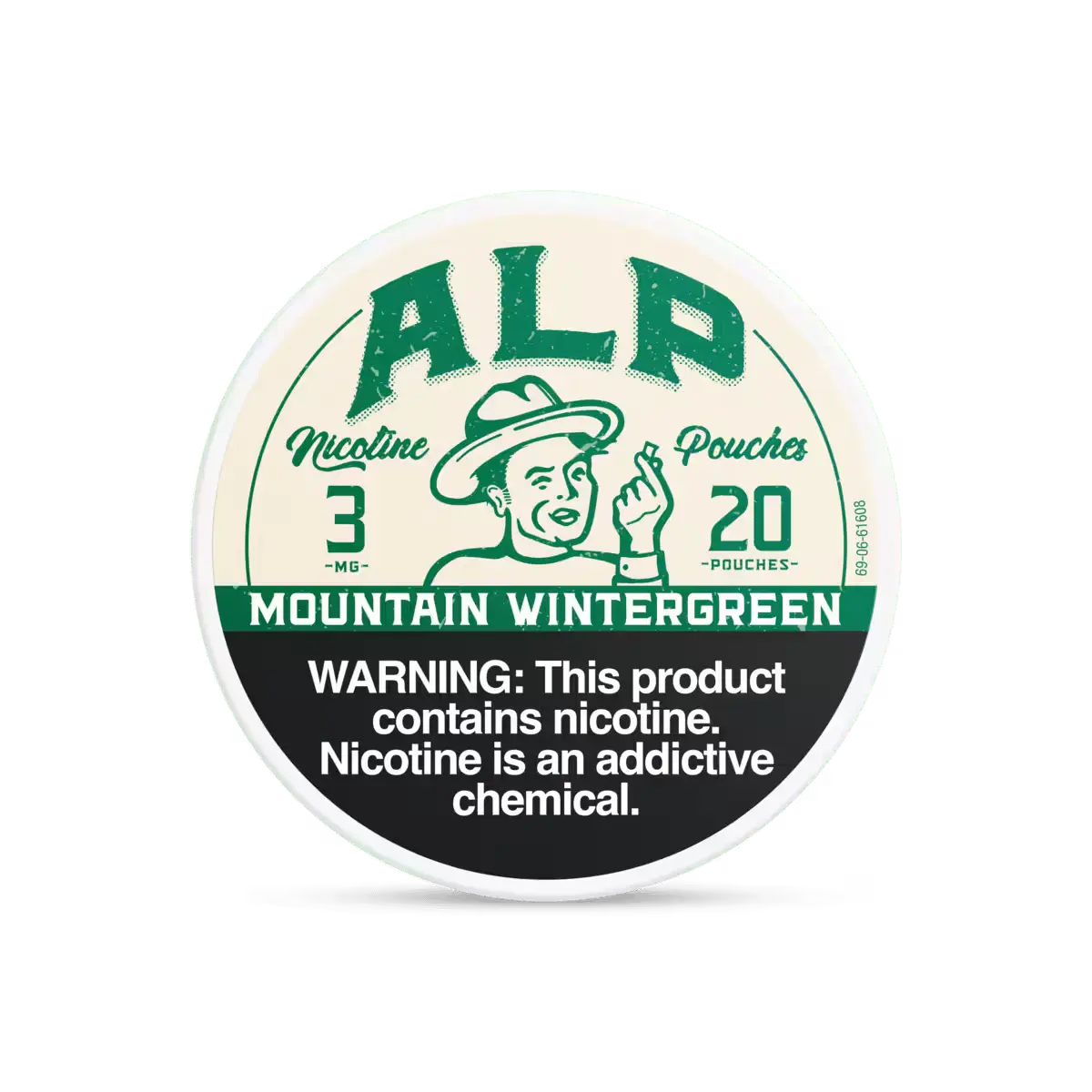 "ALP Mountain Wintergreen" nicotine pouches container displaying a health warning about nicotine addiction